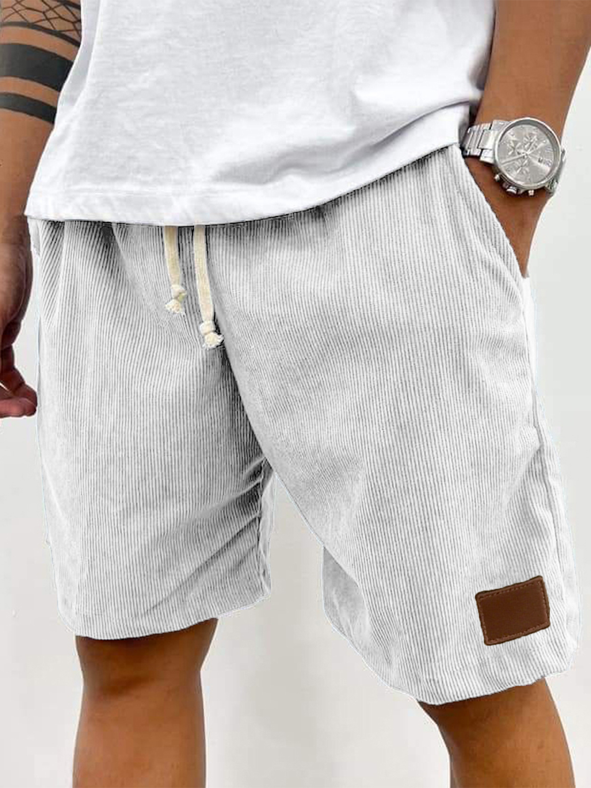 Men's Stylish Corduroy Embroidered Logo Everyday Beach Loose Shorts
