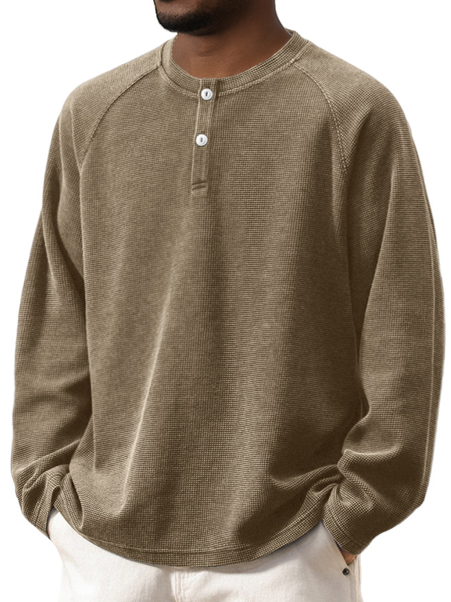 Men's Retro Fashion Washed Waffle Gown with Raglan Sleeves and Henley Style Long Sleeves