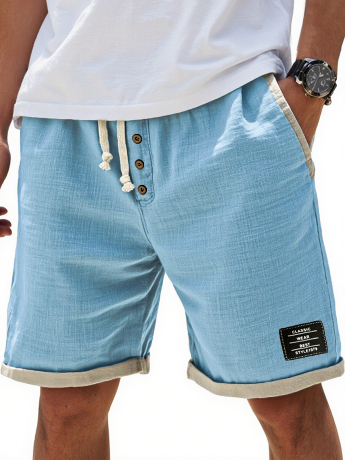 Men's Breathable Linen Colorblock Casual Embroidered Label and Button Placket Shorts