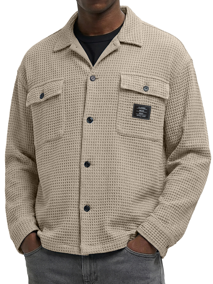 Men's Casual Waffle Fabric Double Pocket Long-Sleeve Shirt