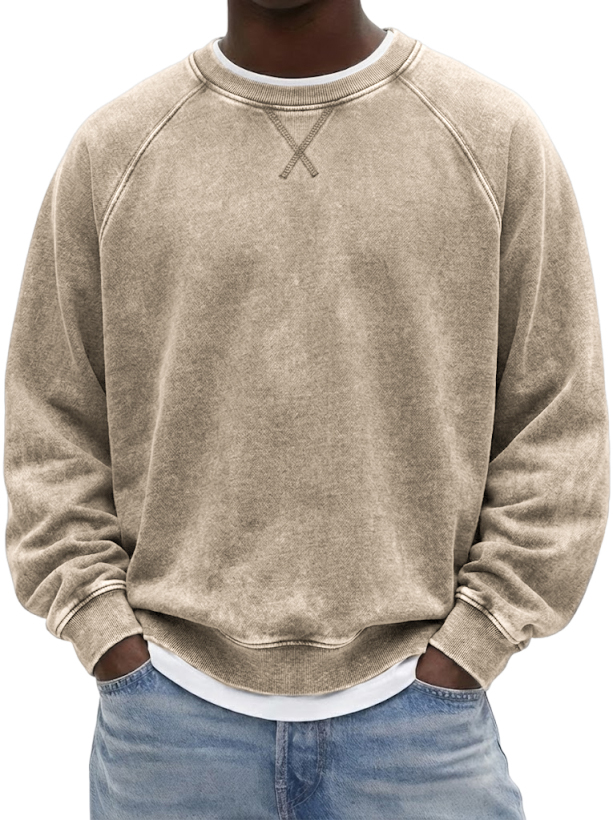 Men's Vintage Heavyweight Terry Cotton Washed Raglan Crewneck Sweatshirt with Embroidered Patchwork