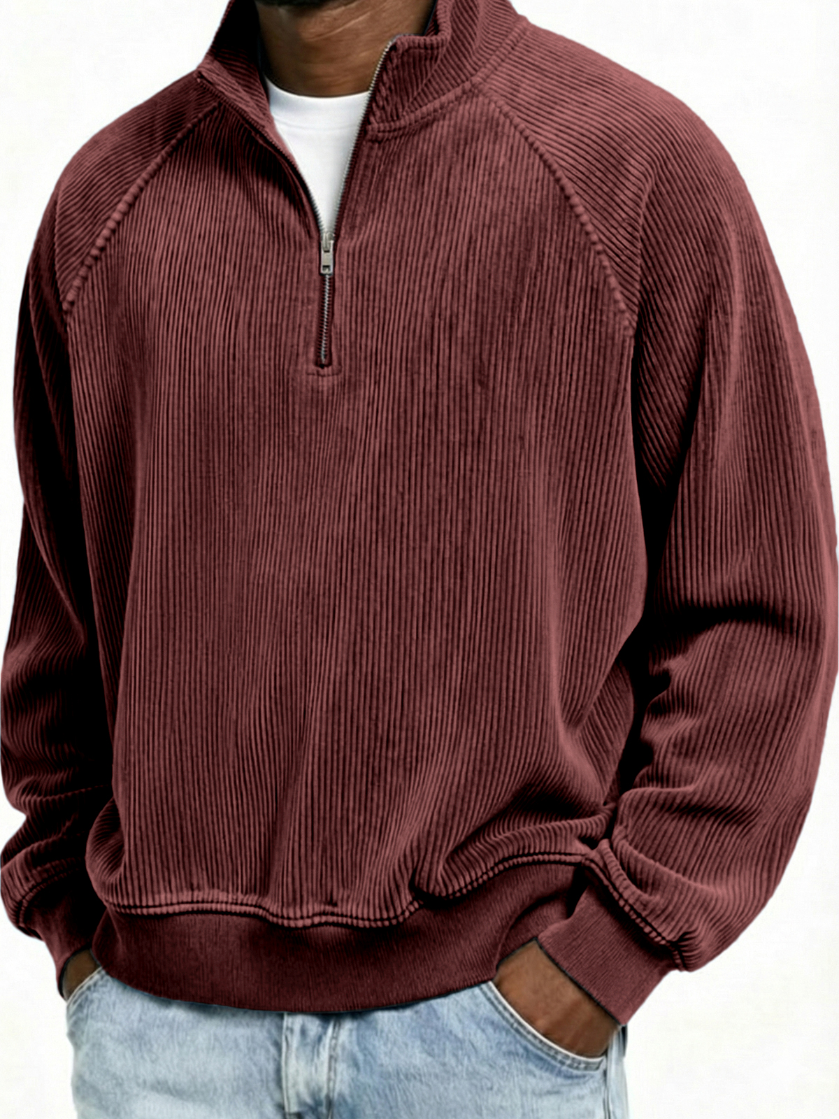 Men's Simple Ribbed Quarter-Zip Raglan Sleeve Pullover Polo Shirt