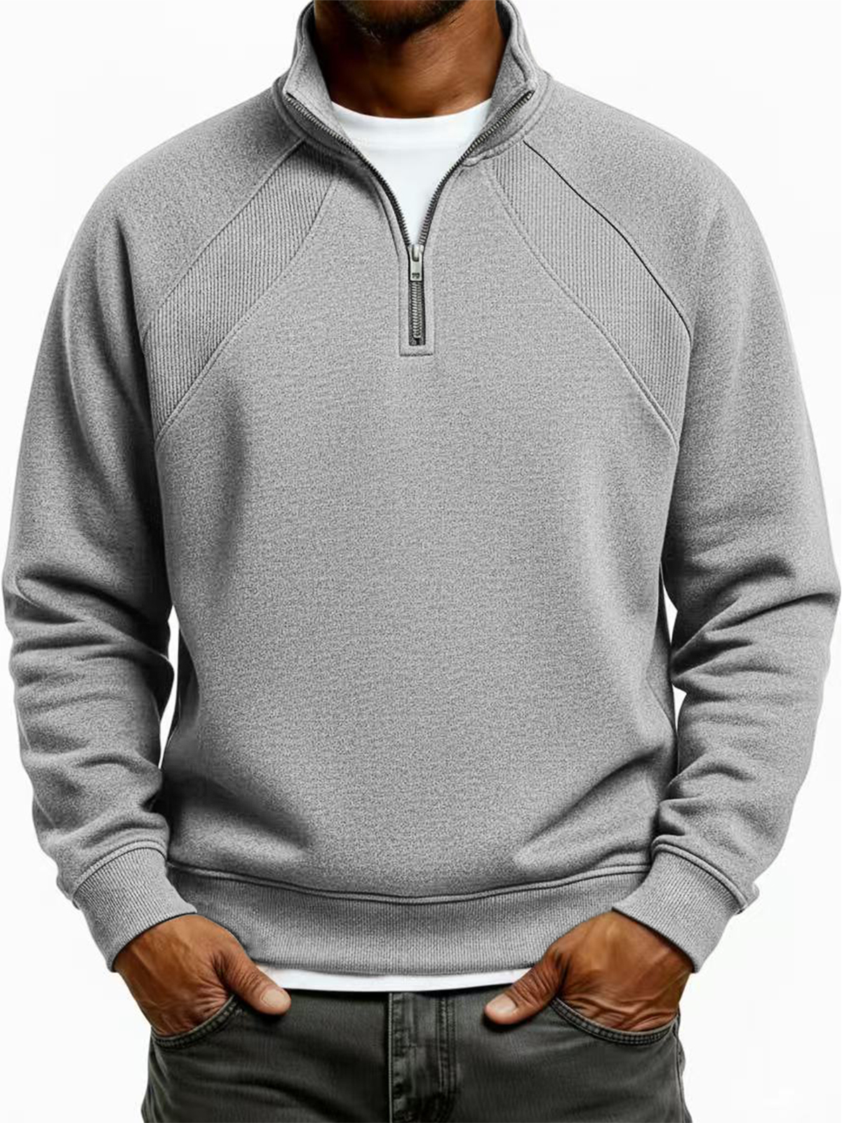 Men's Quarter-Zip Ribbed Raglan Textured Deconstructed Pullover Sweatshirt