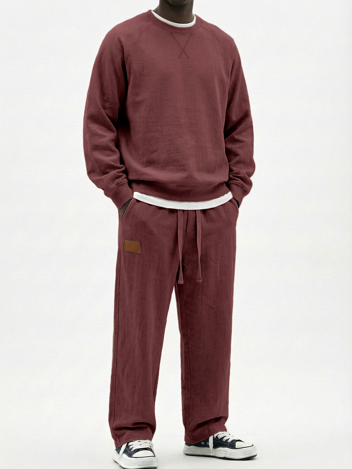 Men's Casual Cotton Embroidered Patchwork Long-Sleeve T-Shirt and Pants Set