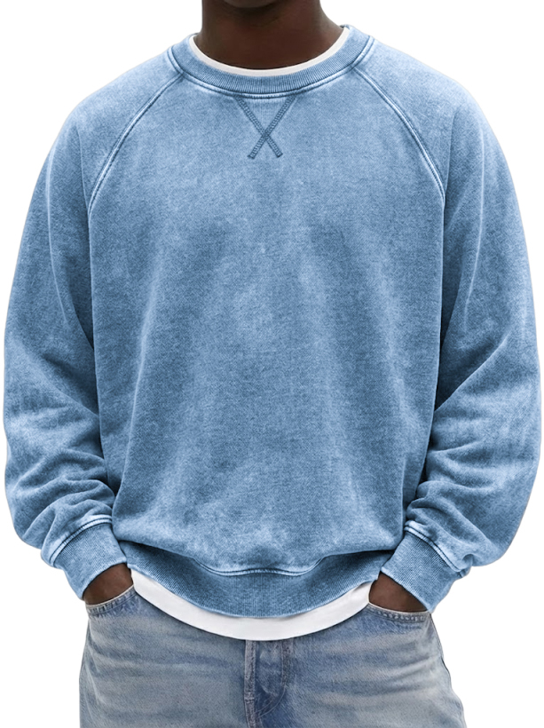 Men's Vintage Heavyweight Terry Cotton Washed Raglan Crewneck Sweatshirt with Embroidered Patchwork