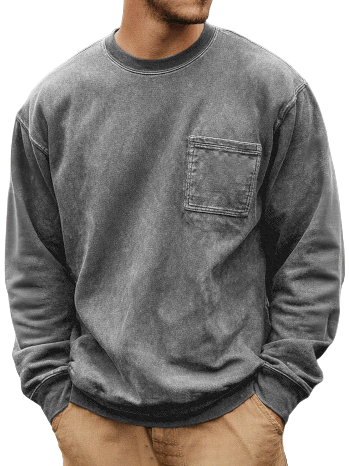 Men's Washed And Distressed Vintage Round Neck Pocket Basic Casual Long-sleeved T-shirt