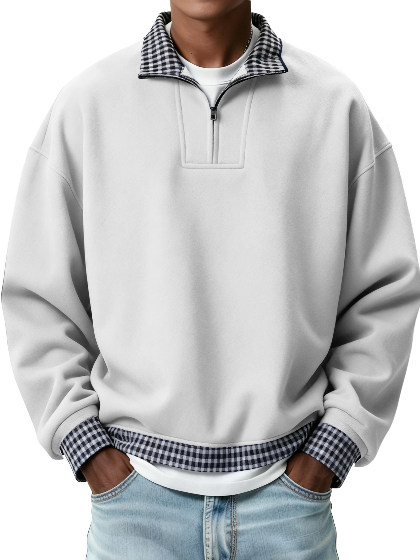 Men's Retro Casual Plaid Patchwork Quarter Zip Sweatshirt