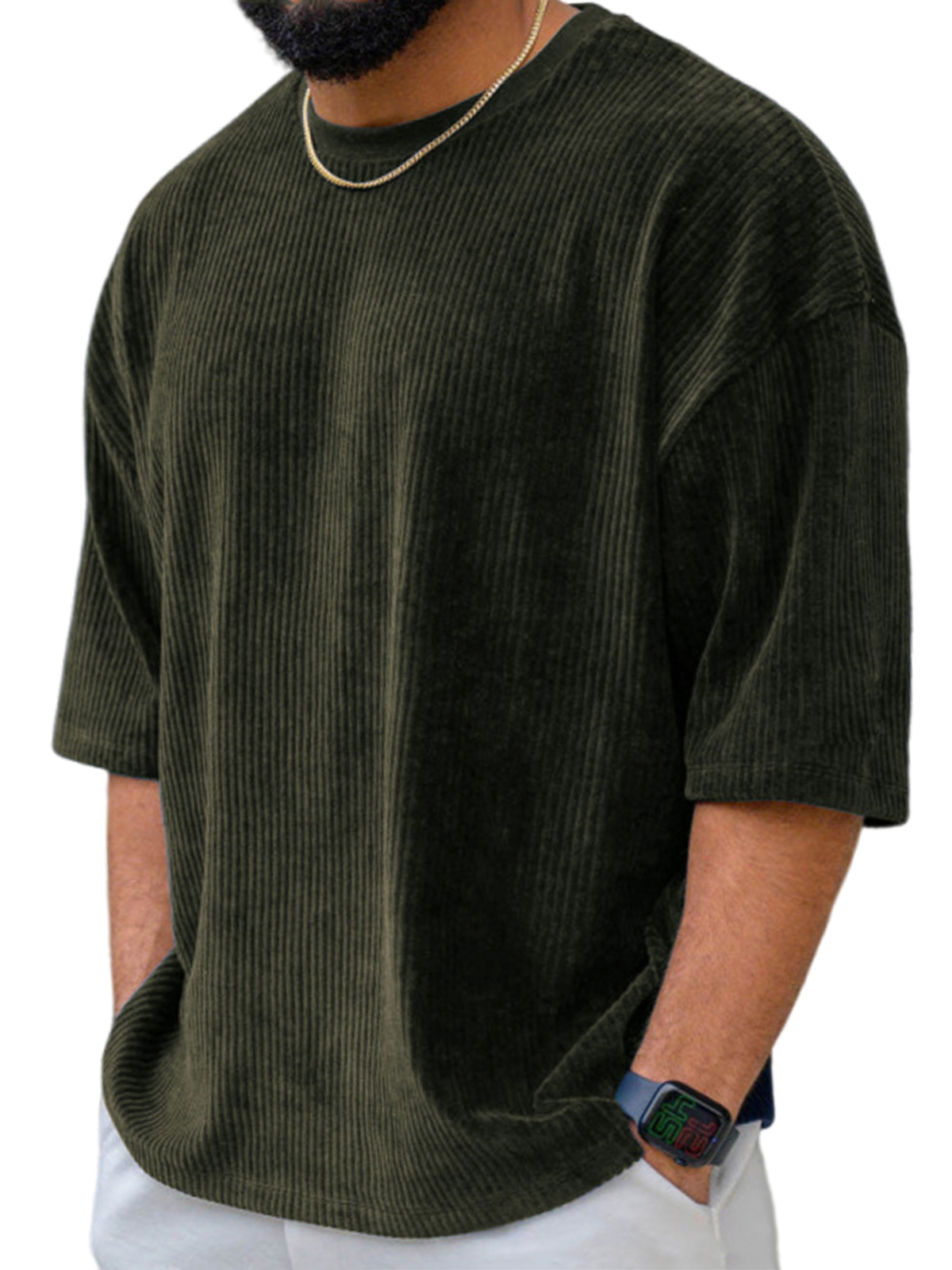 Men's Stylish Corduroy Casual Short-sleeve T-shirt with Thick Wales for Daily Wear