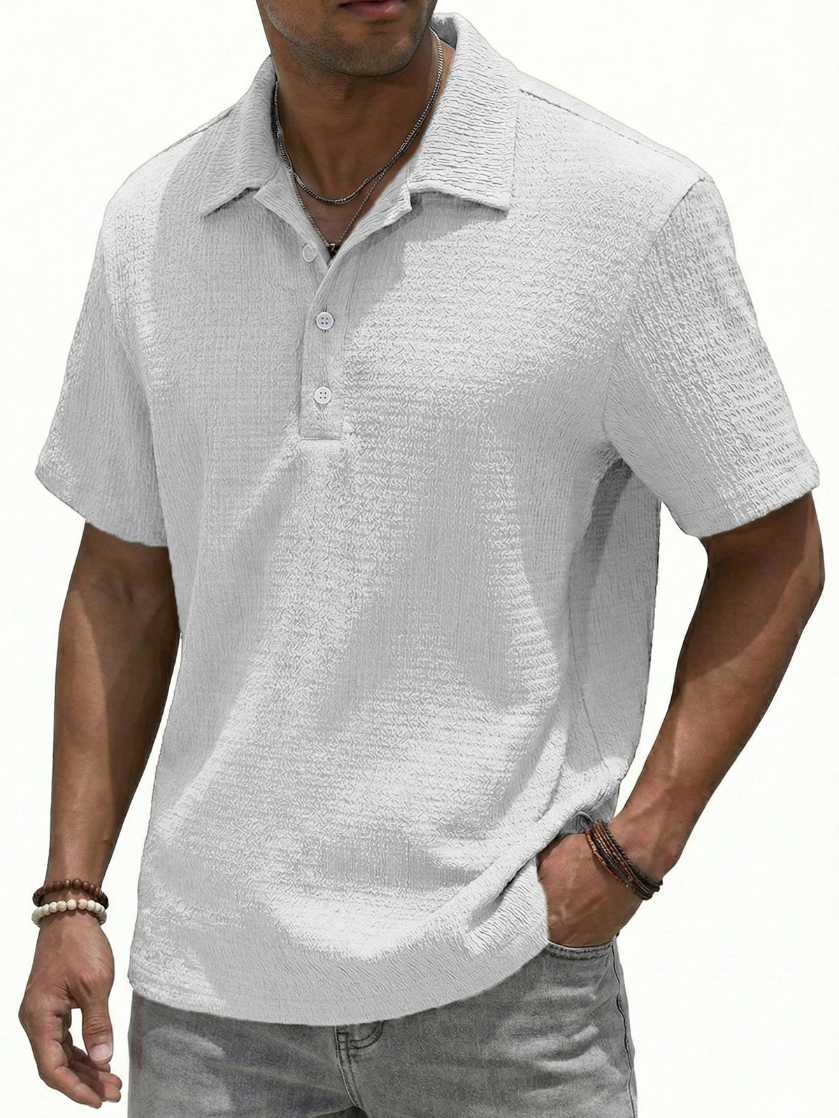 Jacquard Textured Button-down Polo Shirt