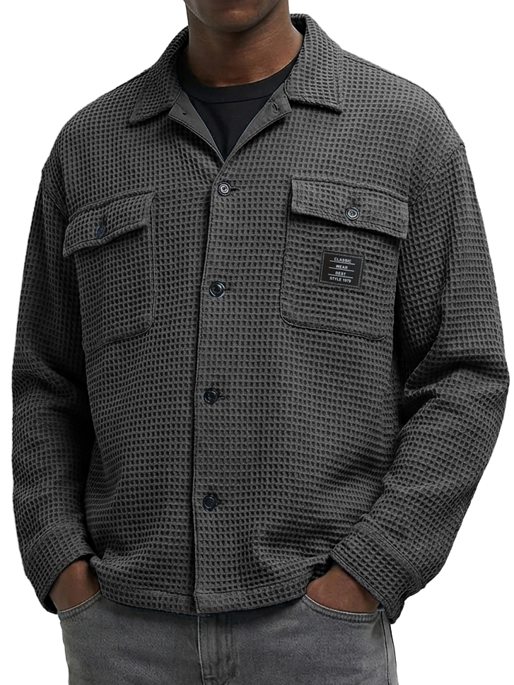 Men's Casual Waffle Fabric Double Pocket Long-Sleeve Shirt