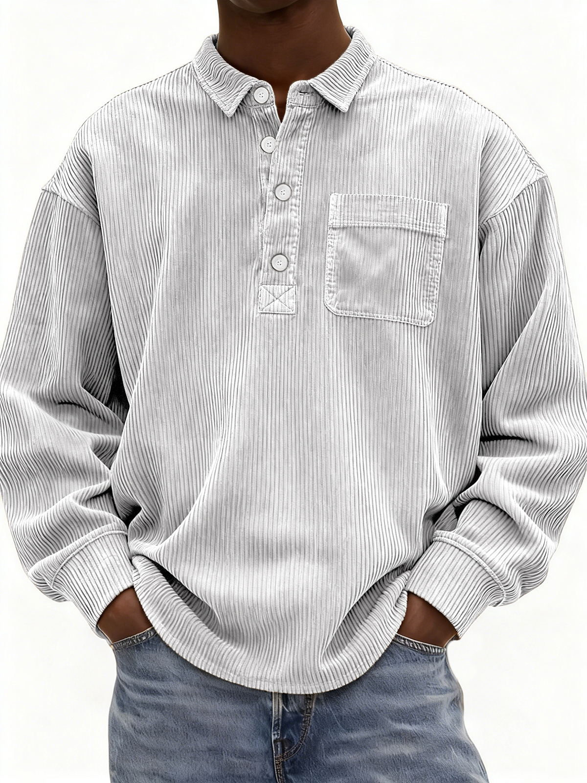 Men's Simple Corduroy Ribbed Button-down Pullover Polo Shirt with Chest Pocket