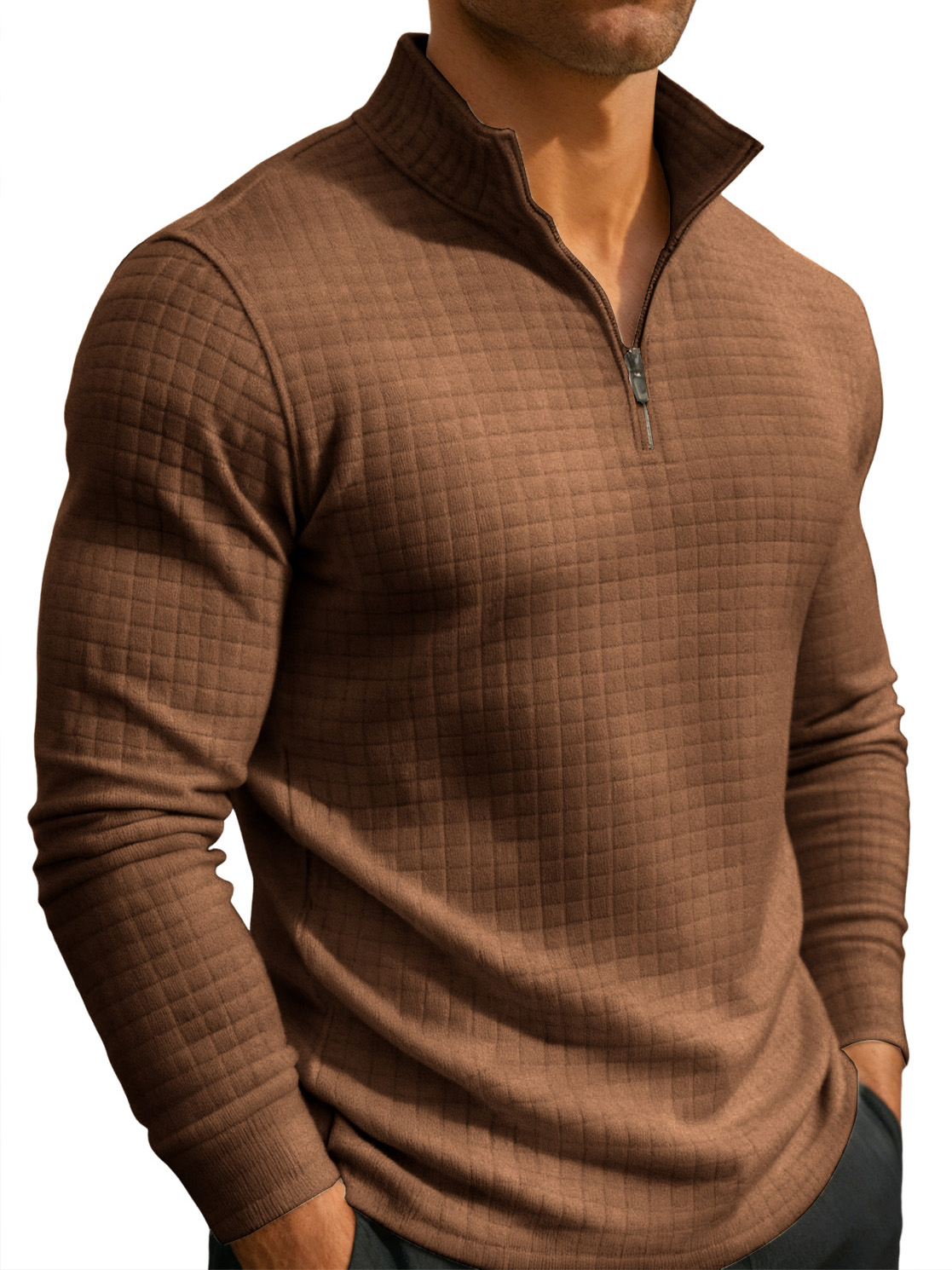 Men's Casual Fashion Waffle Knit Stand Collar Zips Sweatshirt