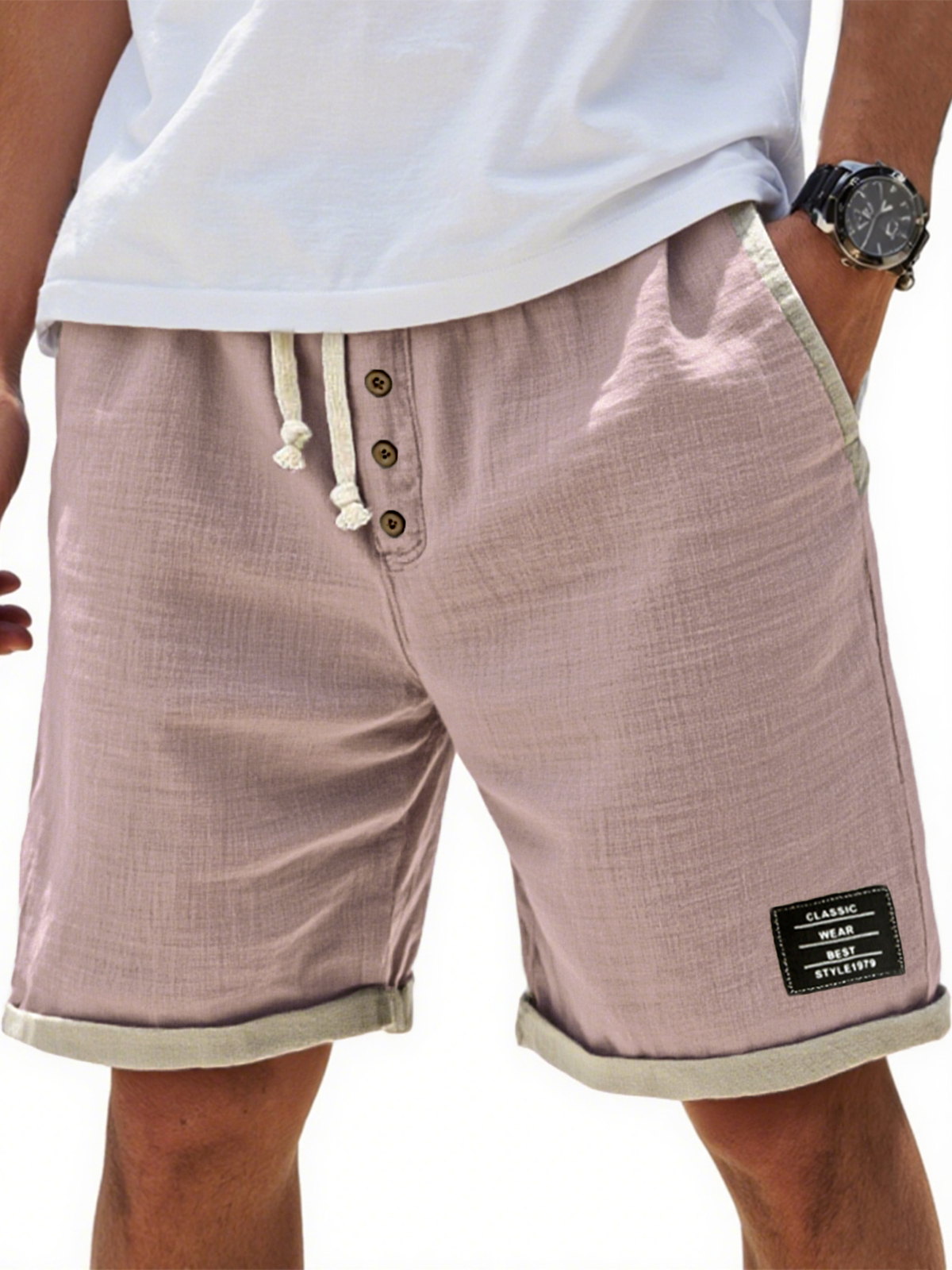 Men's Breathable Linen Colorblock Casual Embroidered Label and Button Placket Shorts