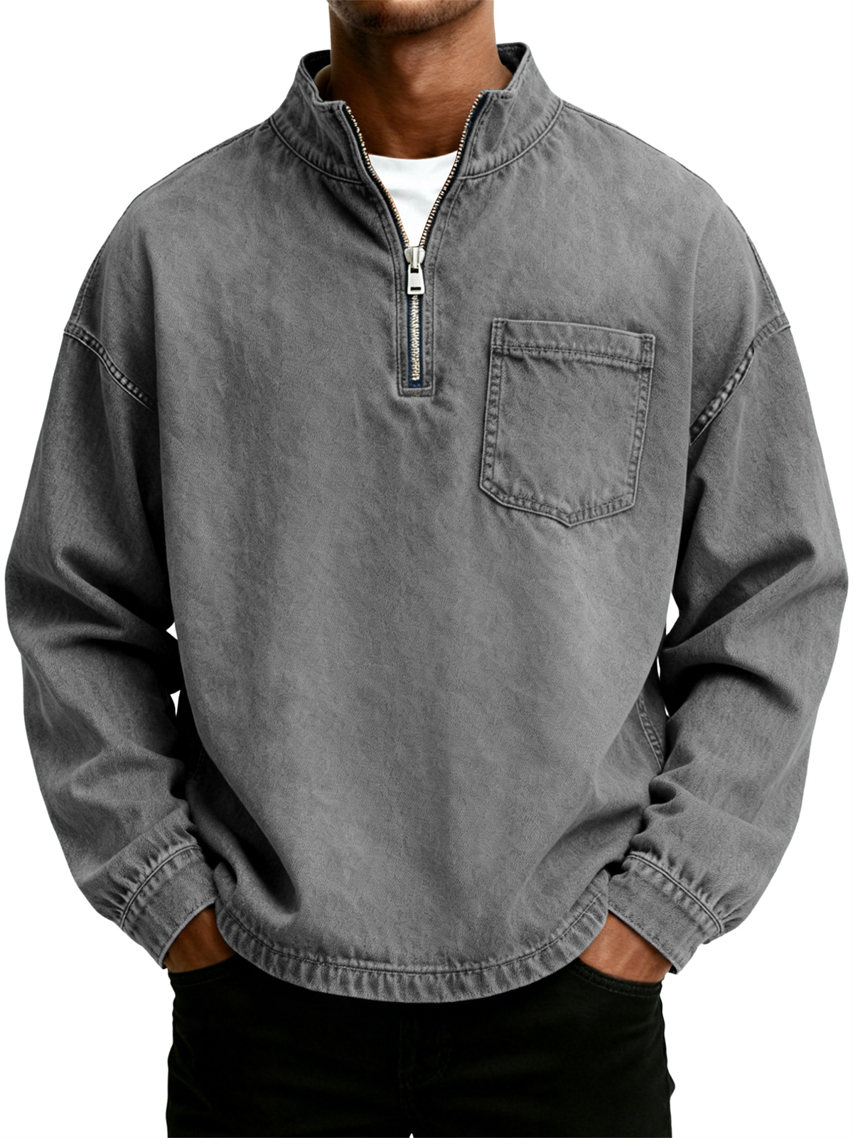 Men's Retro Washed Distressed Stand Collar Half Zipper Pocket Long Sleeve T-Shirt