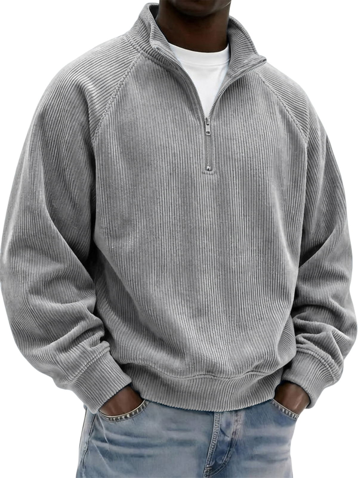 Men's Stylish Vintage Corduroy Quarter-zip Raglan Sleeve Pullover Polo Shirt