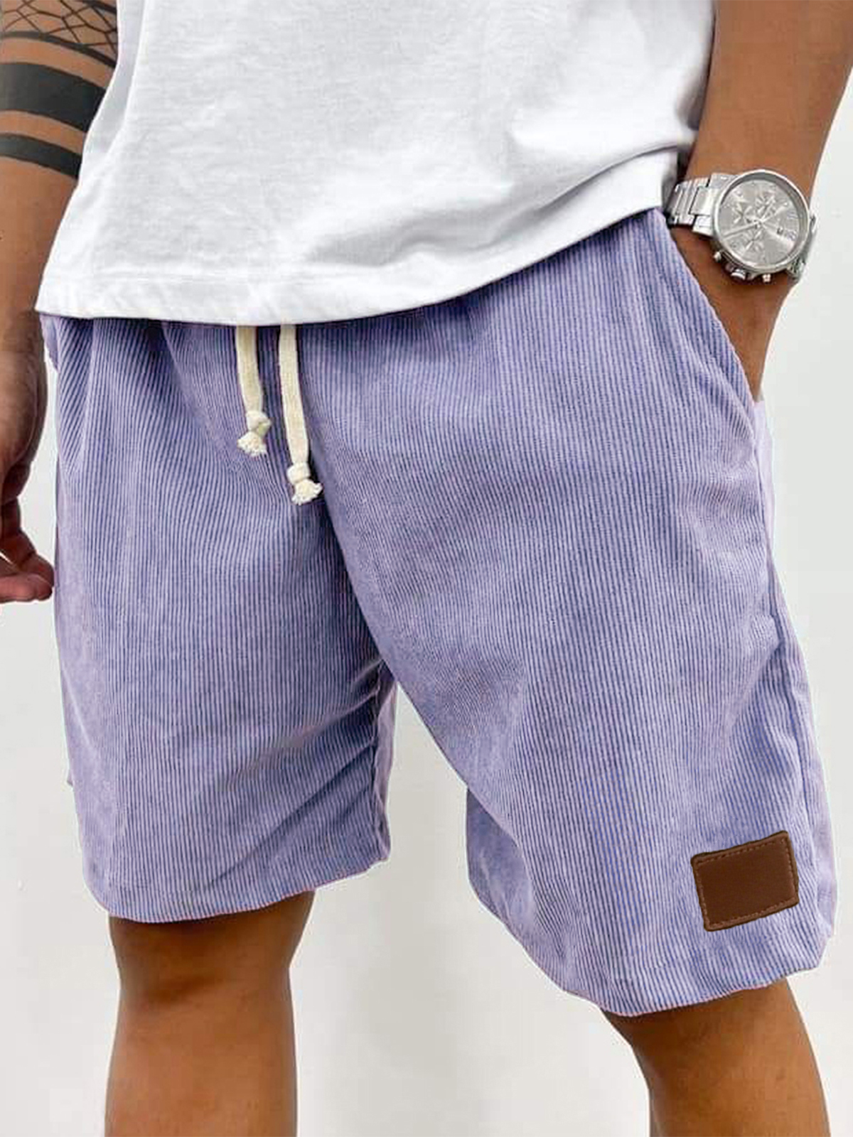 Men's Stylish Corduroy Embroidered Logo Everyday Beach Loose Shorts