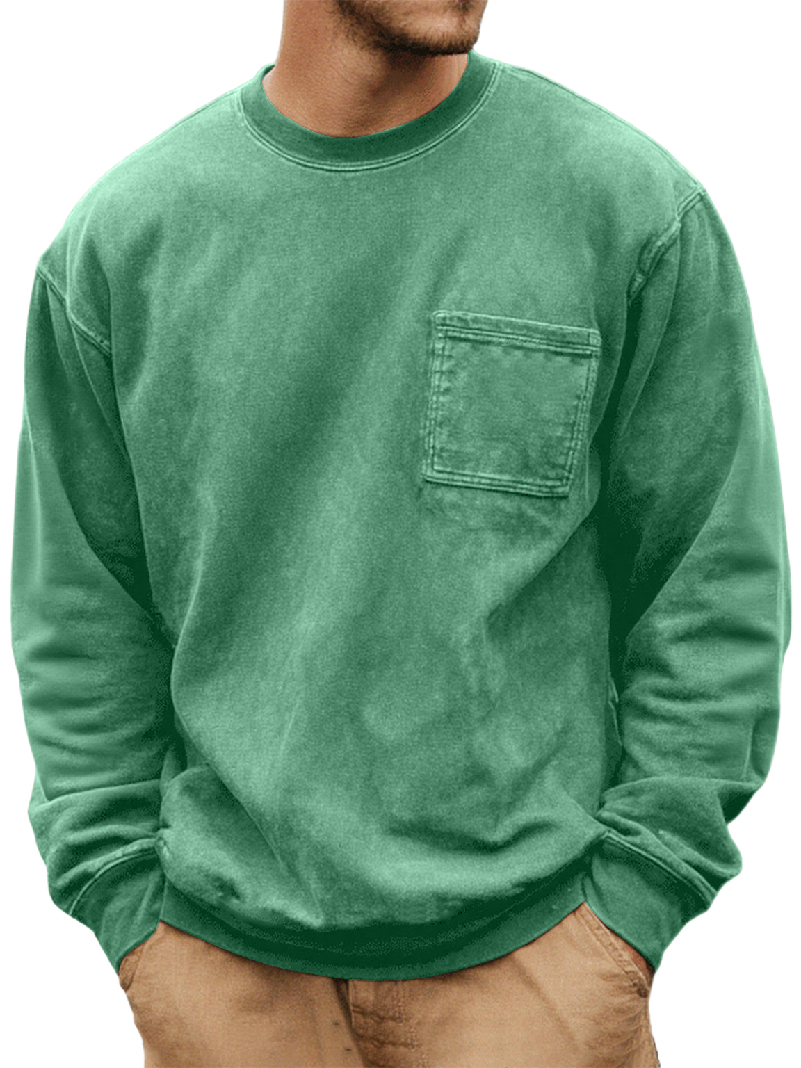 Men's Washed And Distressed Vintage Round Neck Pocket Basic Casual Long-sleeved T-shirt