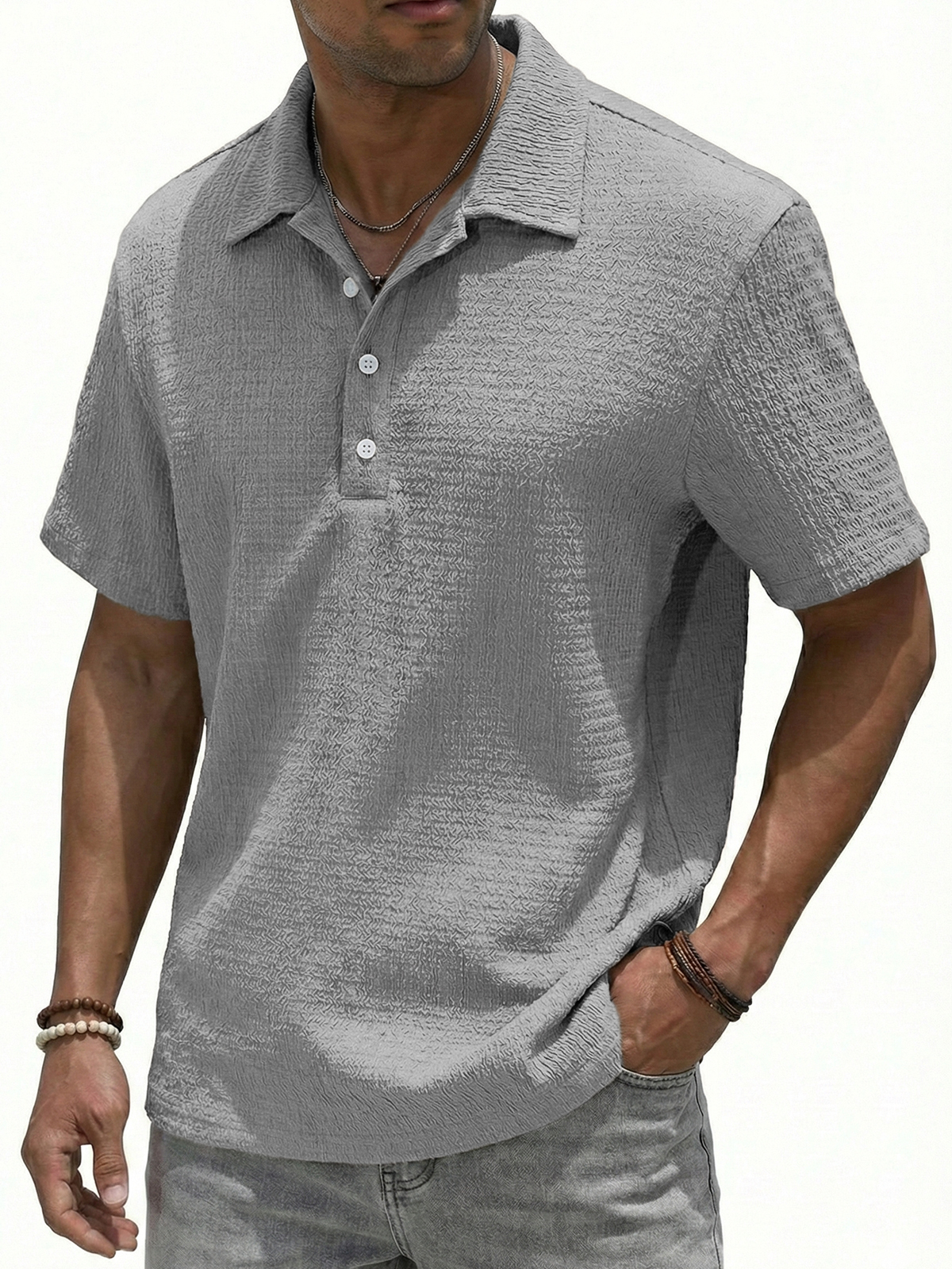 Jacquard Textured Button-down Polo Shirt
