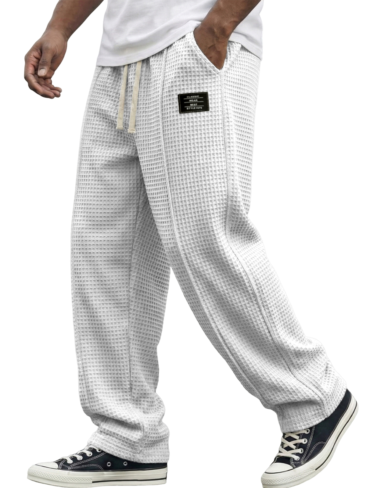 Men's Waffle Textured Pants with Decorative Stitching and Embroidered Label