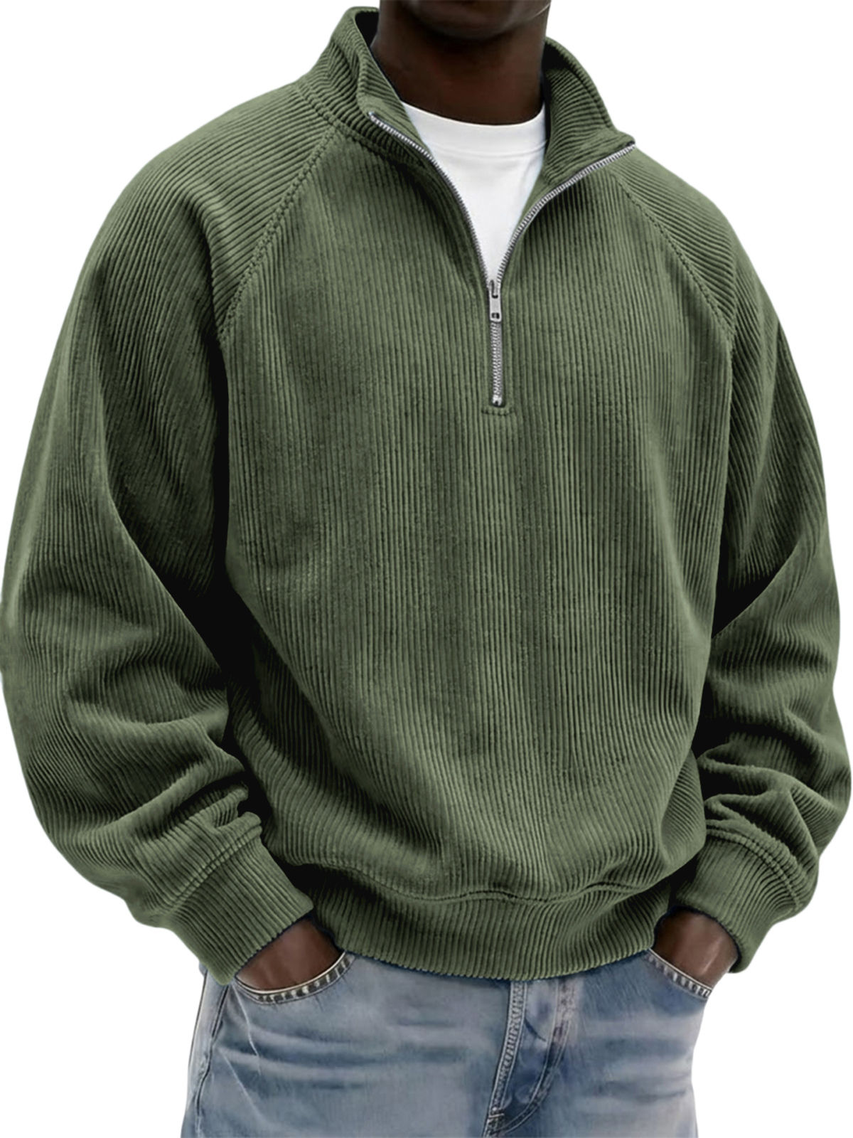 Men's Stylish Vintage Corduroy Quarter-zip Raglan Sleeve Pullover Polo Shirt