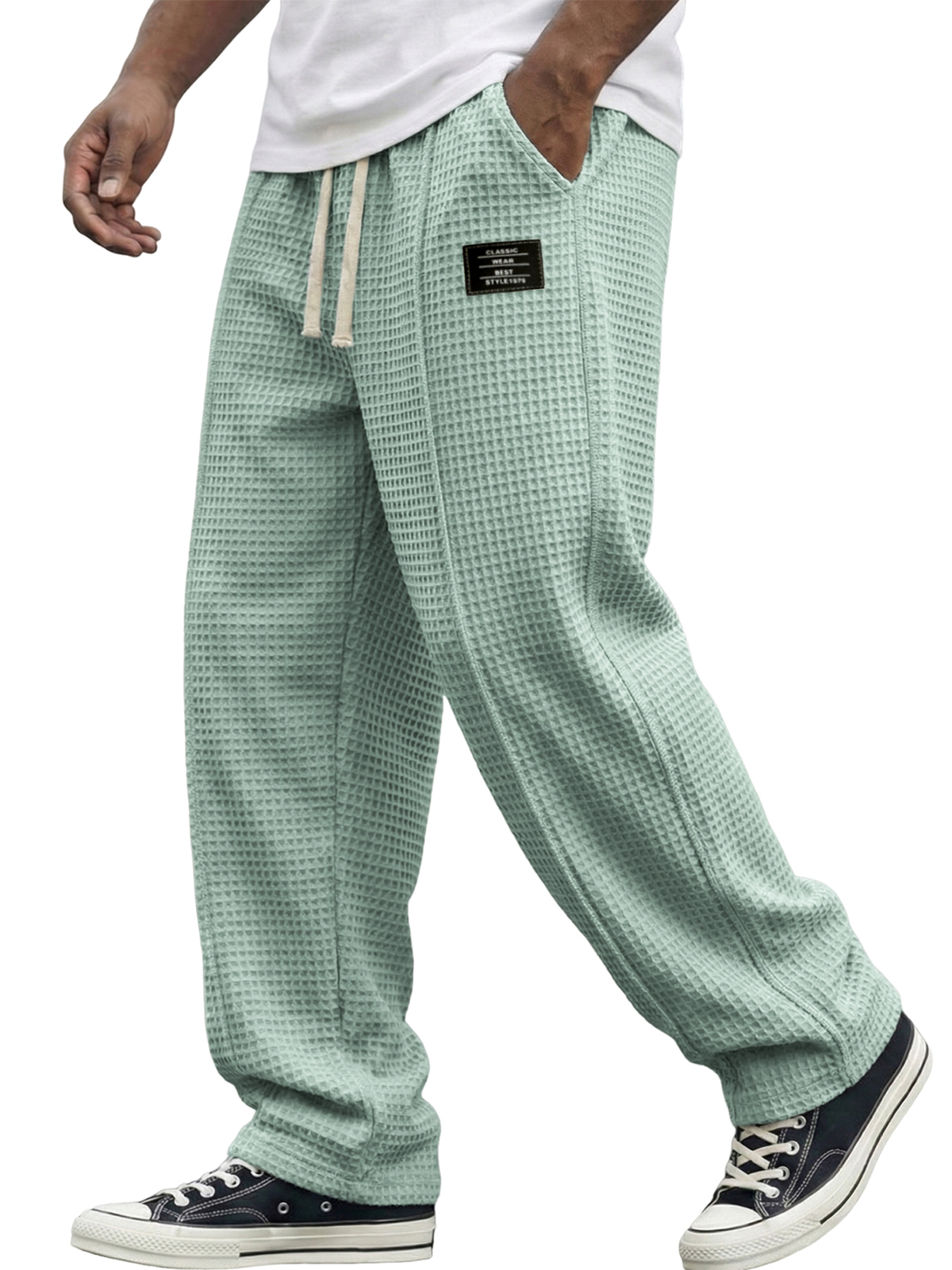 Men's Waffle Textured Pants with Decorative Stitching and Embroidered Label