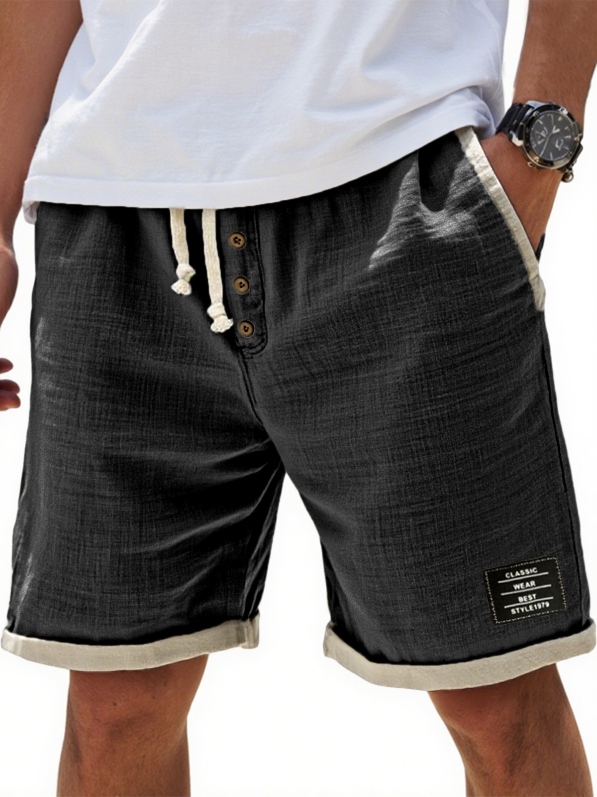 Men's Breathable Linen Colorblock Casual Embroidered Label and Button Placket Shorts