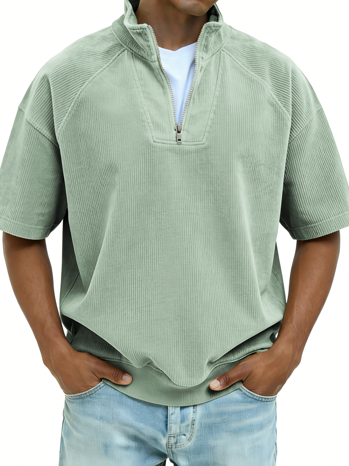 Ribbed Half-zip Patchwork Polo Shirt