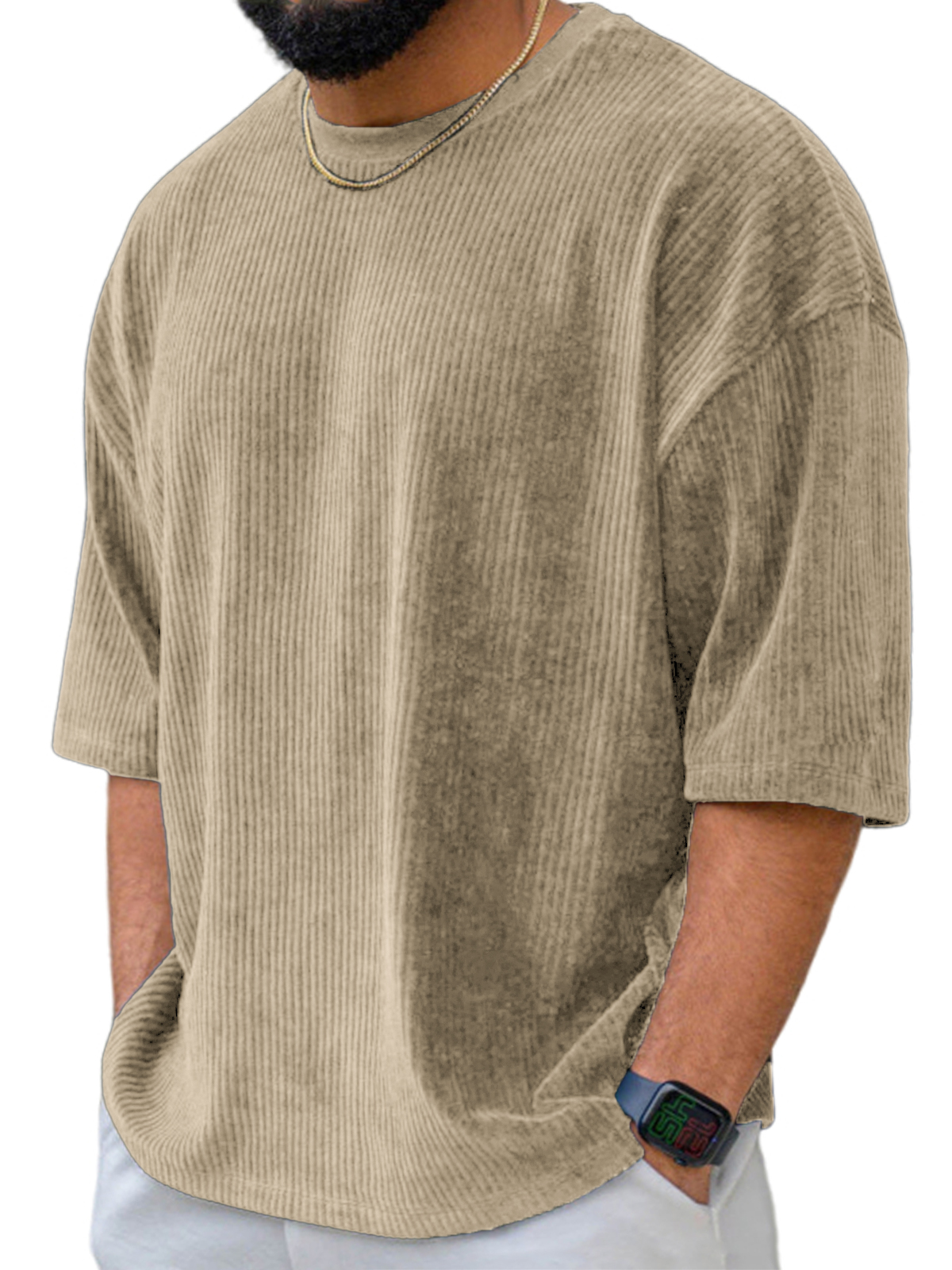 Men's Stylish Corduroy Casual Short-sleeve T-shirt with Thick Wales for Daily Wear