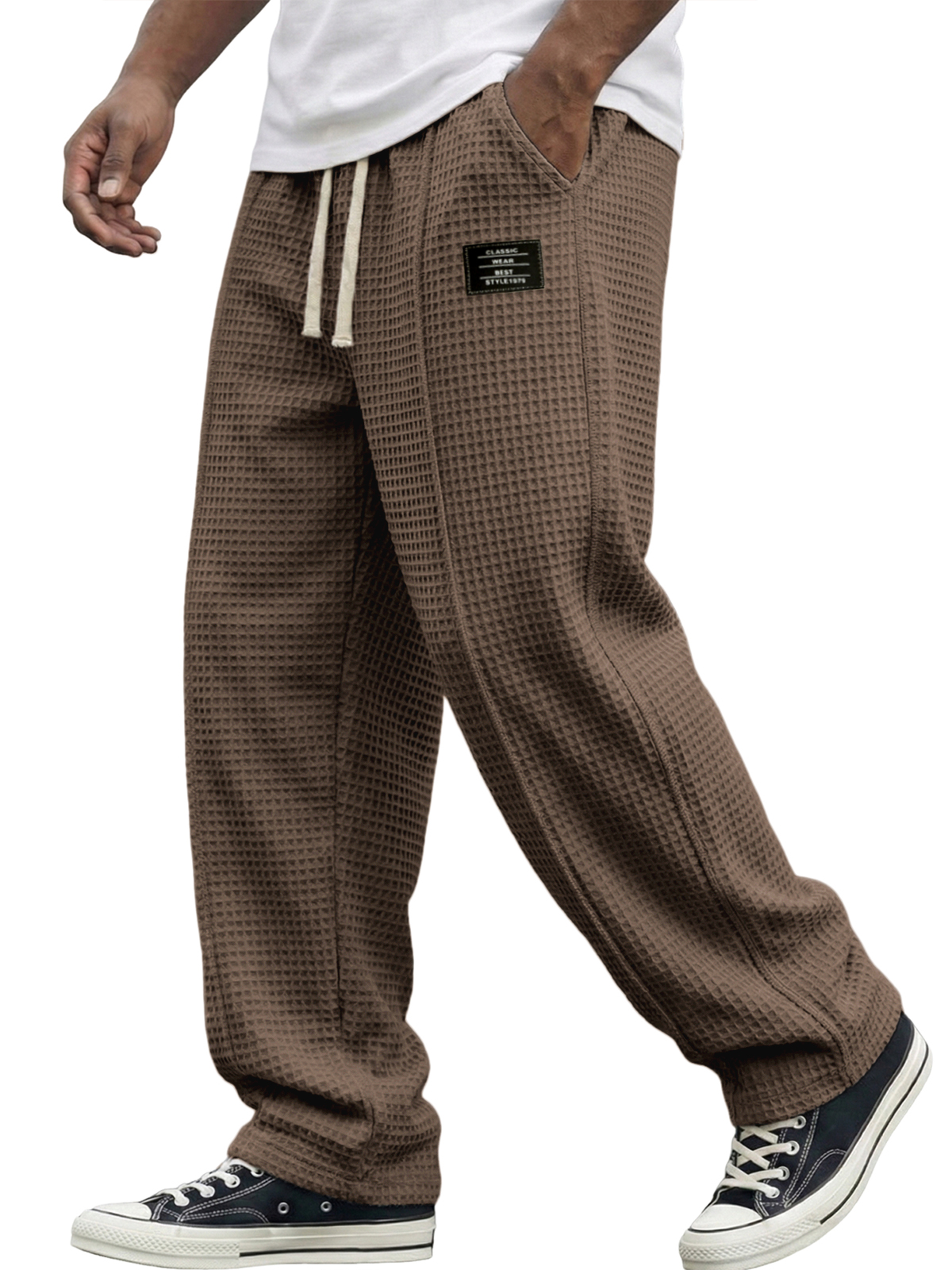 Men's Waffle Textured Pants with Decorative Stitching and Embroidered Label