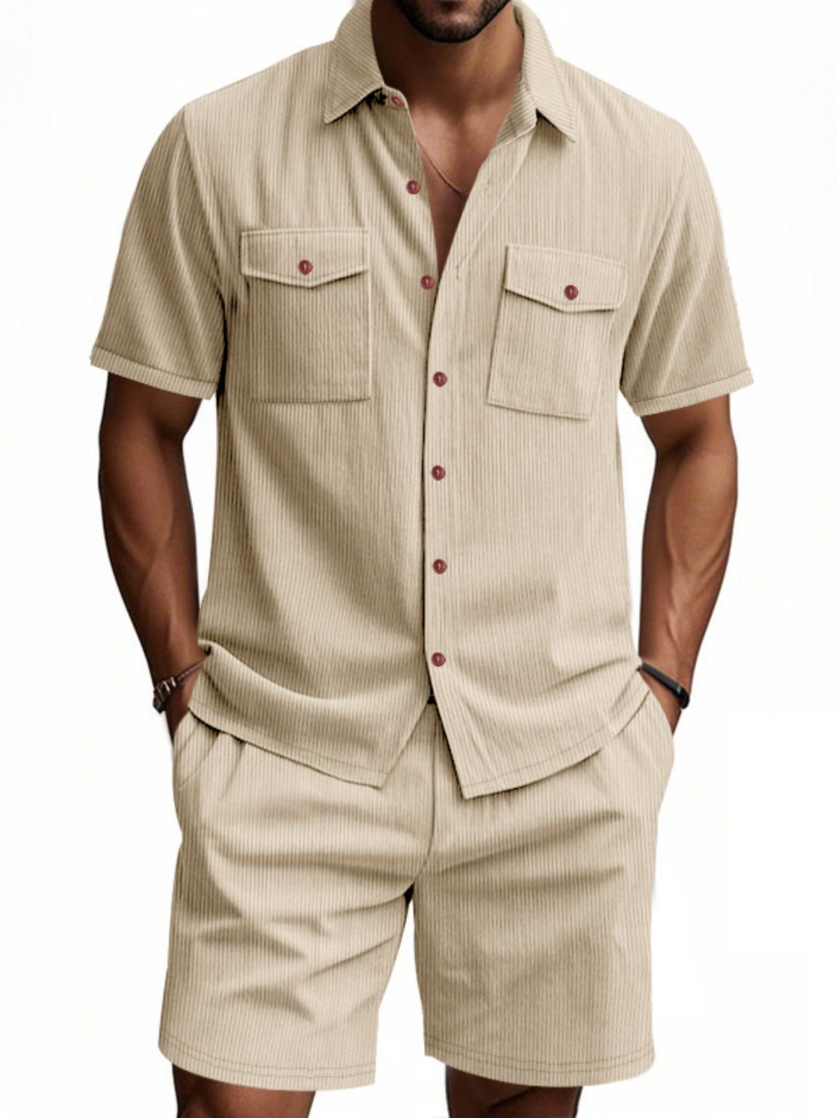 Men's Corduroy Double Pocket Texture Casual Short-sleeved Shirt Shorts Two-piece Suit