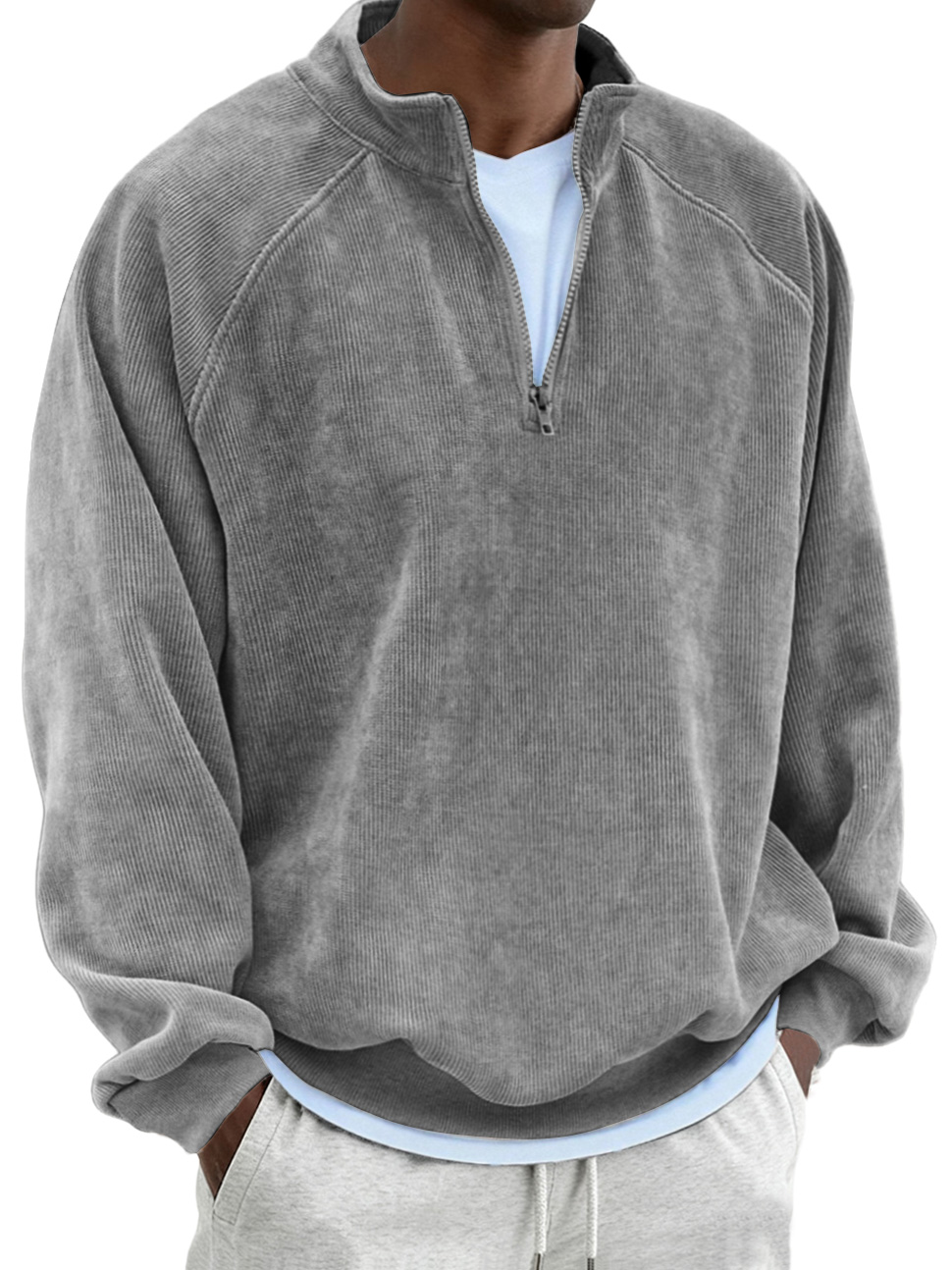 Men's Retro Fashion Corduroy Patchwork Raglan Sleeve Quarter Zip Sweatshirt
