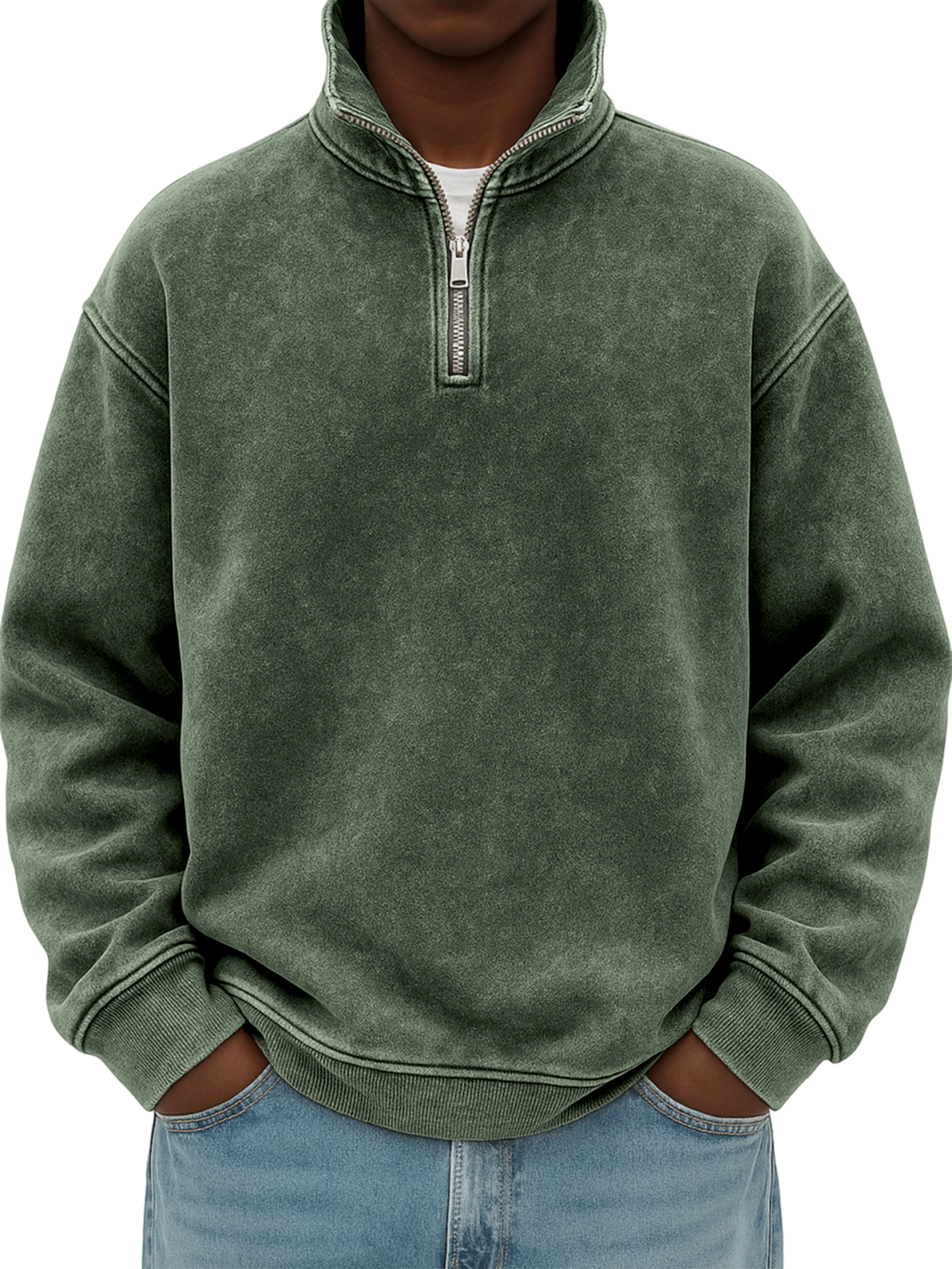 Men's Stylish Quarter-zip Distressed Stand Collar Basic Pullover