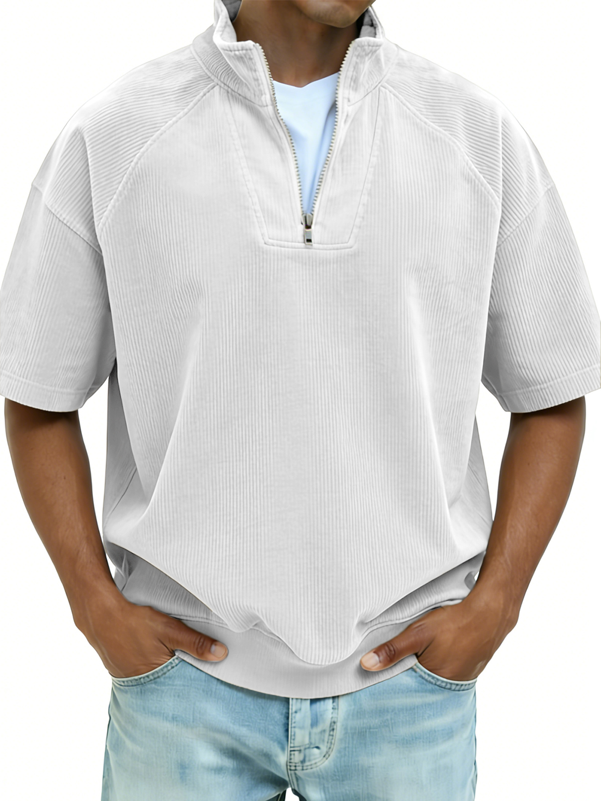 Ribbed Half-zip Patchwork Polo Shirt