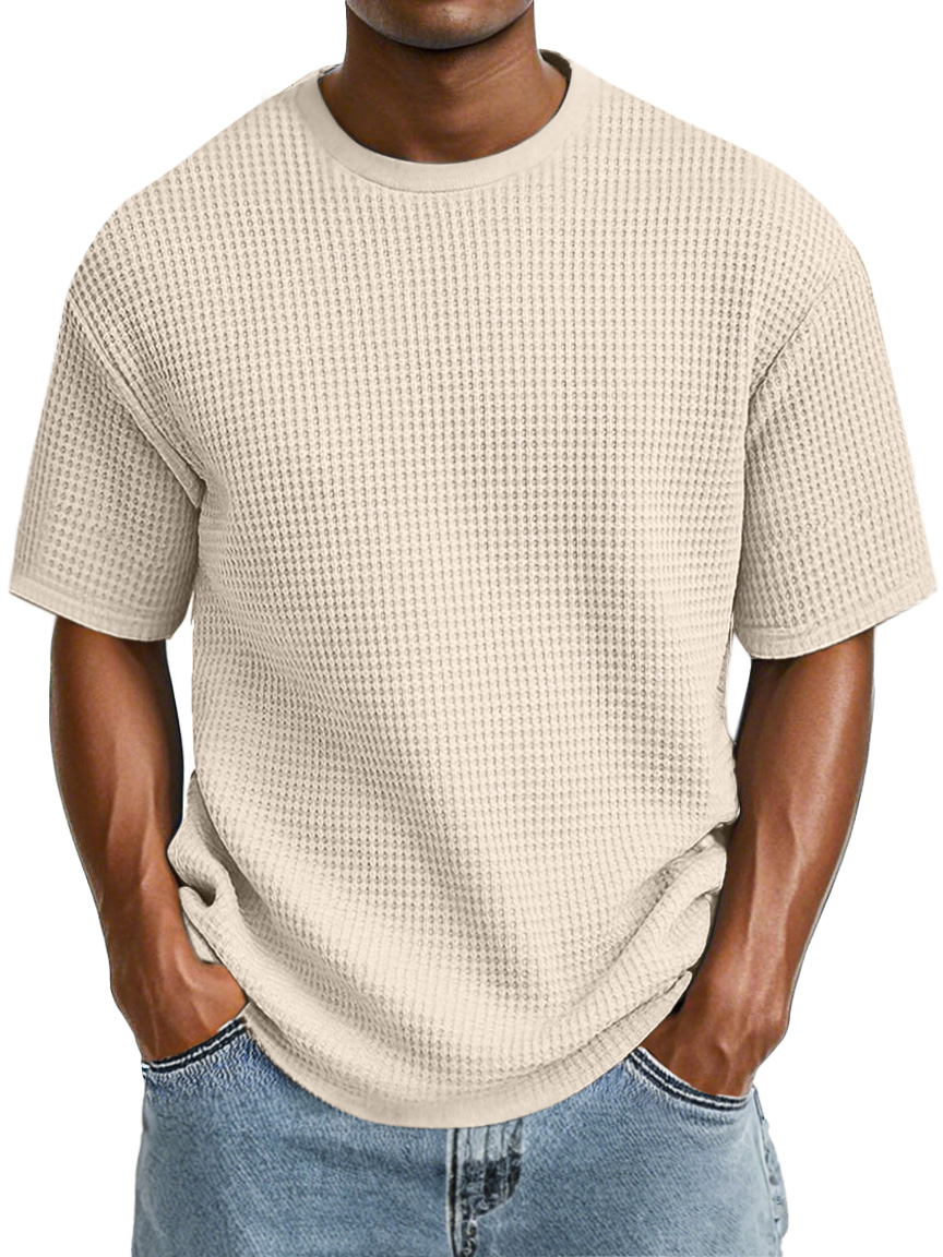 Men's Casual Simple Cotton Waffle Round Neck Short Sleeve T-Shirt