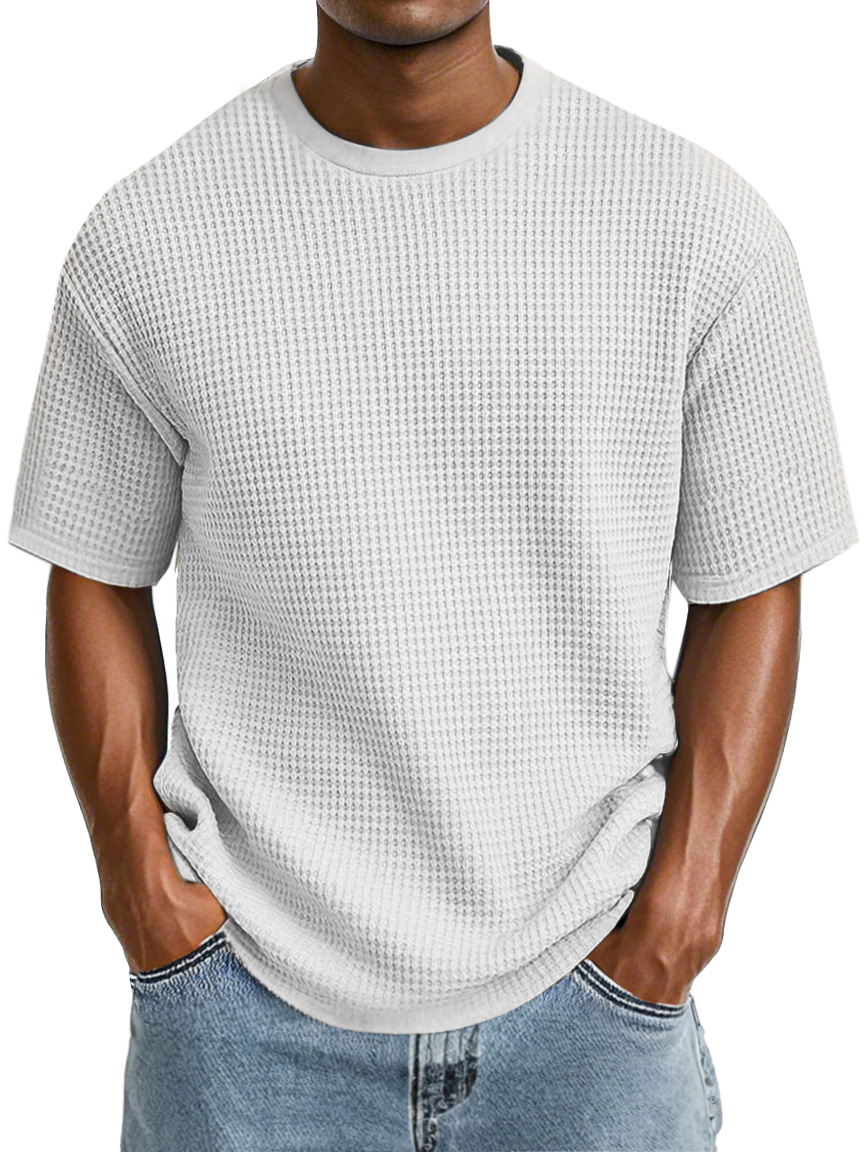 Men's Casual Simple Cotton Waffle Round Neck Short Sleeve T-Shirt