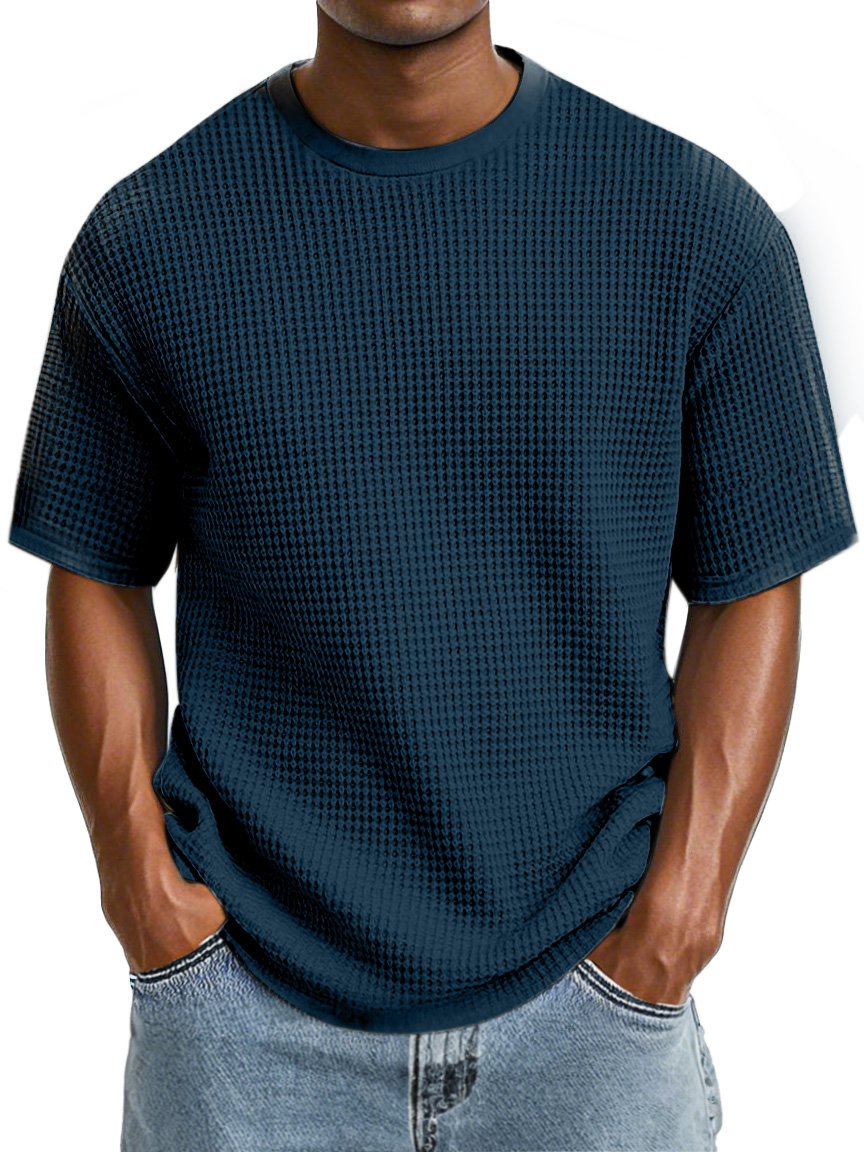Men's Casual Simple Cotton Waffle Round Neck Short Sleeve T-Shirt