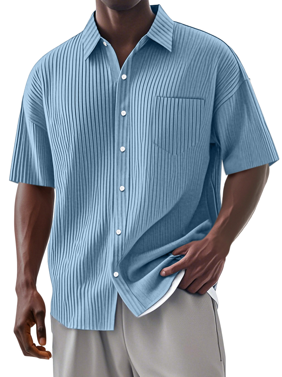 Men's Daily Casual And Comfortable Vertical Striped Solid Color Lapel Short-sleeved Shirt