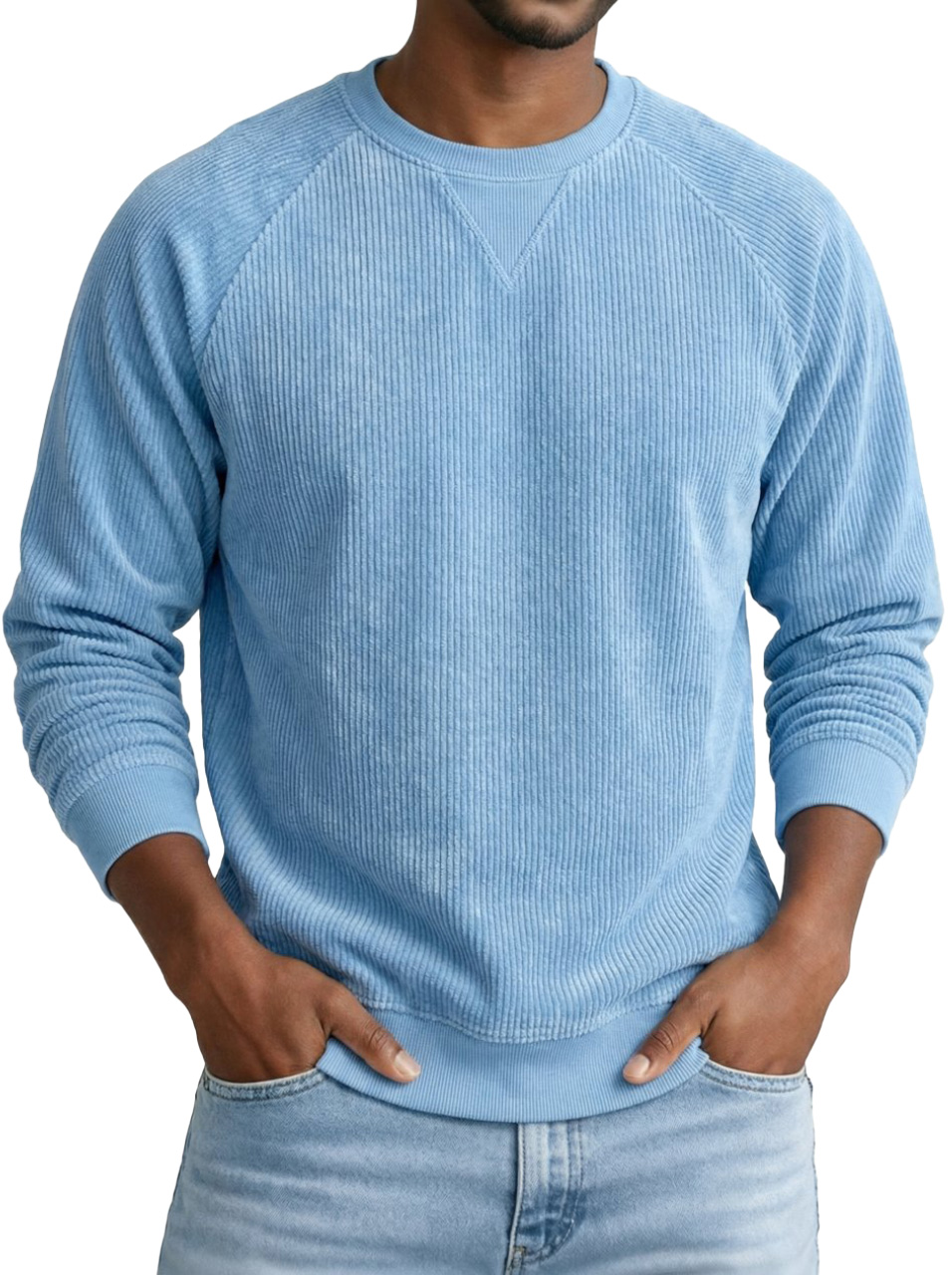 Basic Casual Corduroy Inverted Triangle Design Round Neck Raglan Long-sleeved Sweatshirt