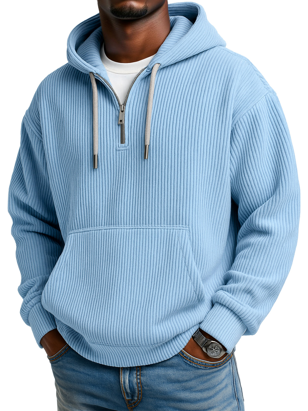 Men's Solid Color Pitted Textured Kangaroo Pocket Long-sleeved Hooded Sweatshirt