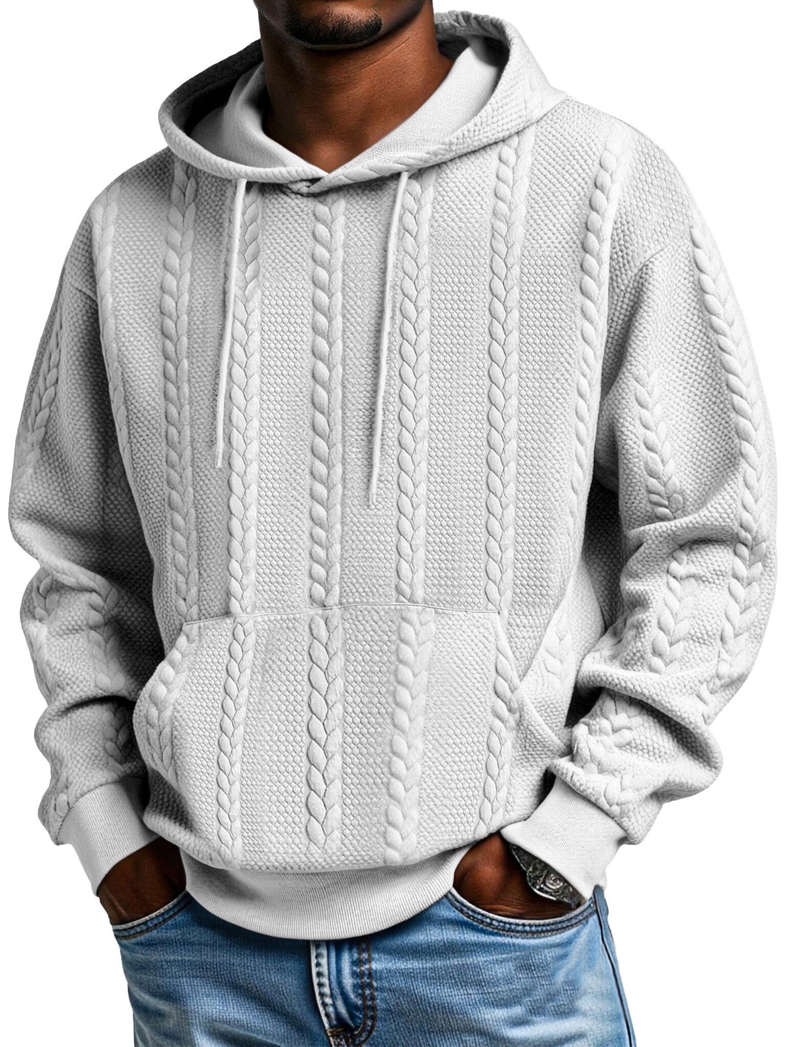 Men's Solid Color Jacquard Texture Kangaroo Pocket Long Sleeve Hooded Sweatshirt