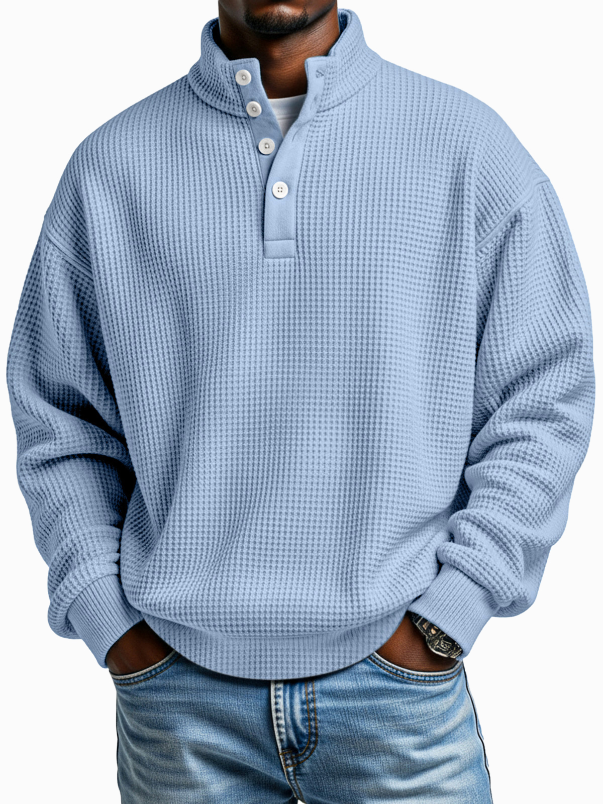 Daily simple casual solid color waffle texture four-button stand collar long sleeve sweatshirt