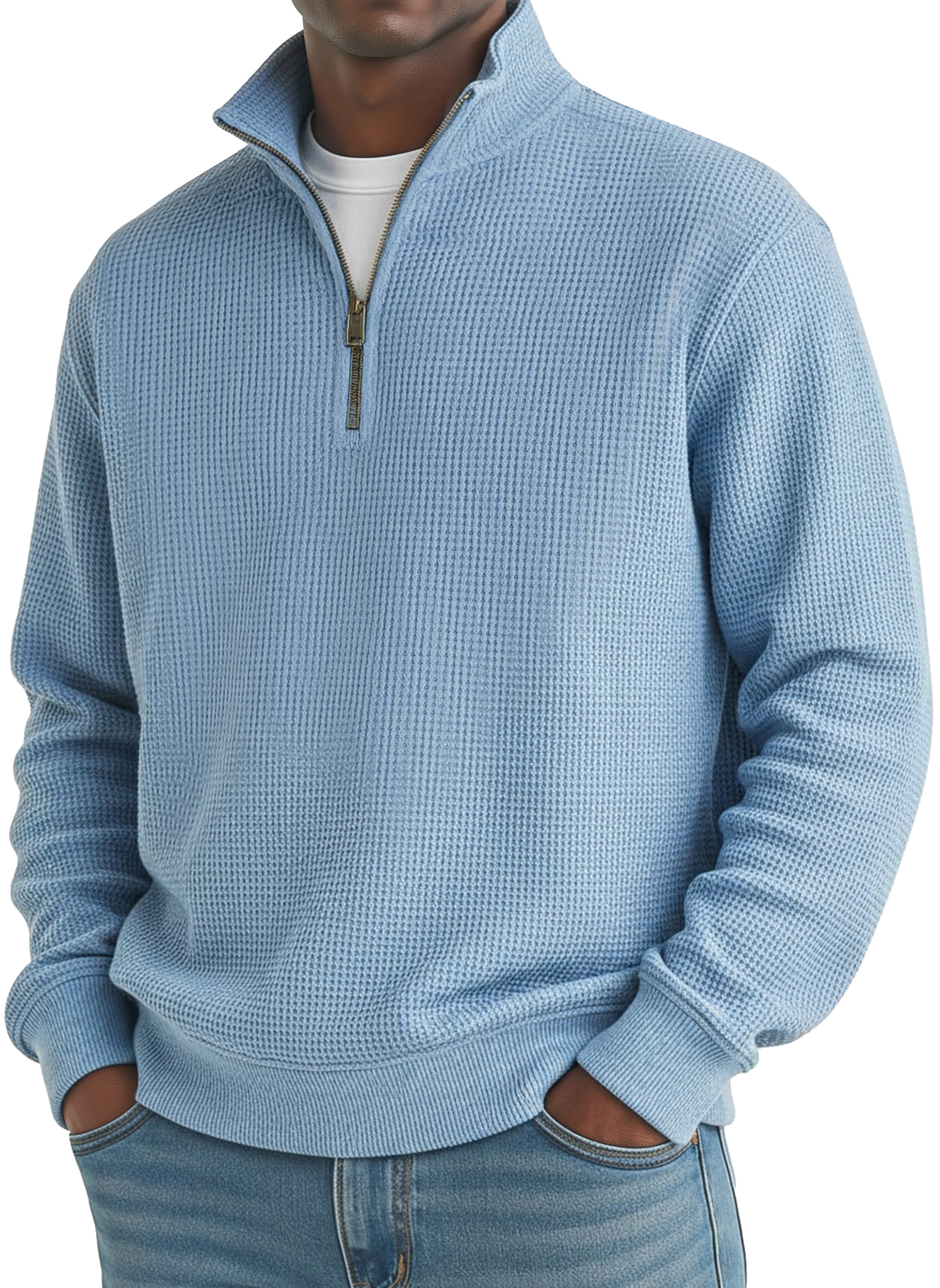 Men's Simple Loose Waffle Quarter-Zip Long Sleeve POLO Shirt
