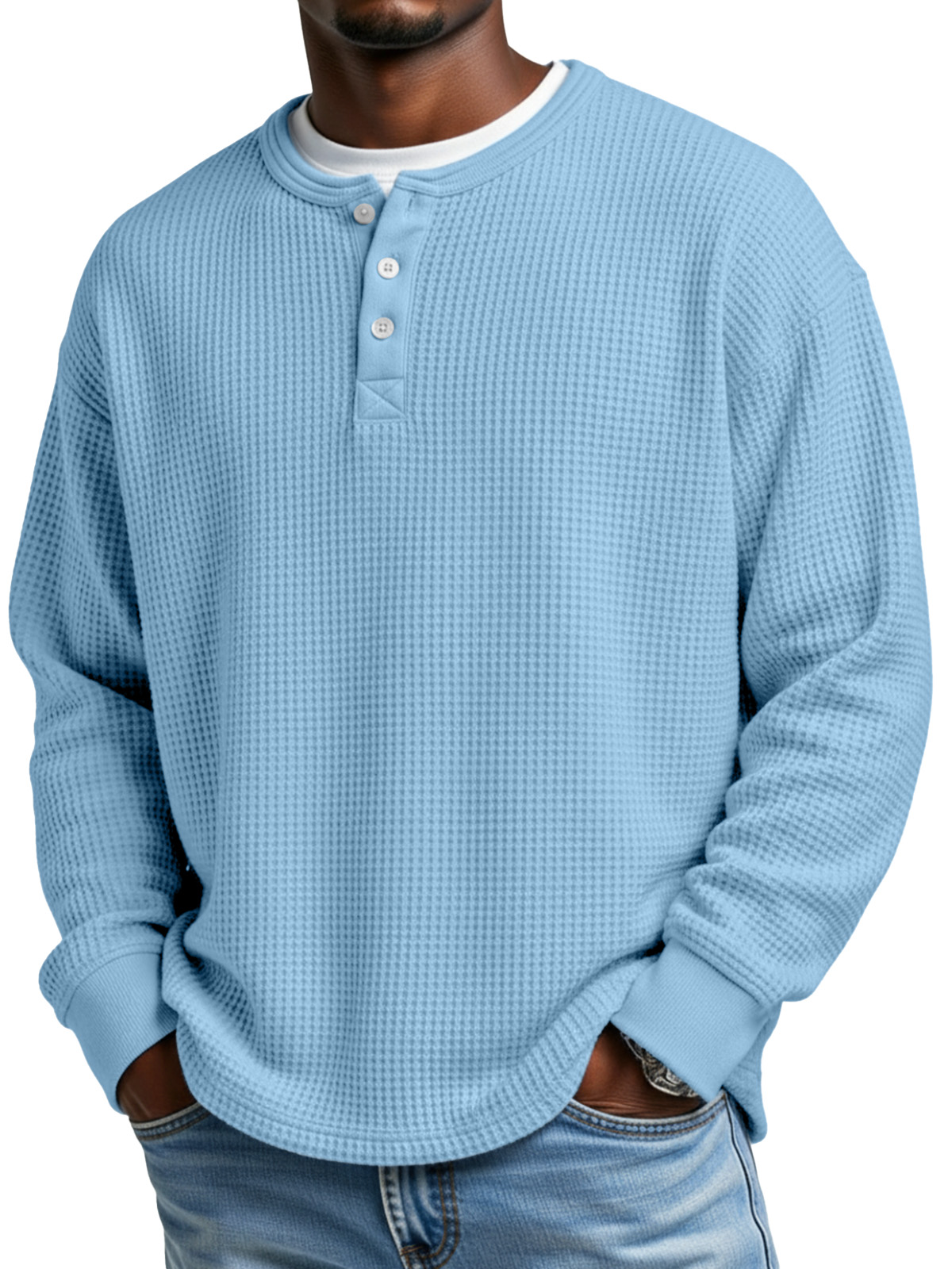 Men's Everyday Loose Simple Waffle Button Long Sleeve Henley Shirt