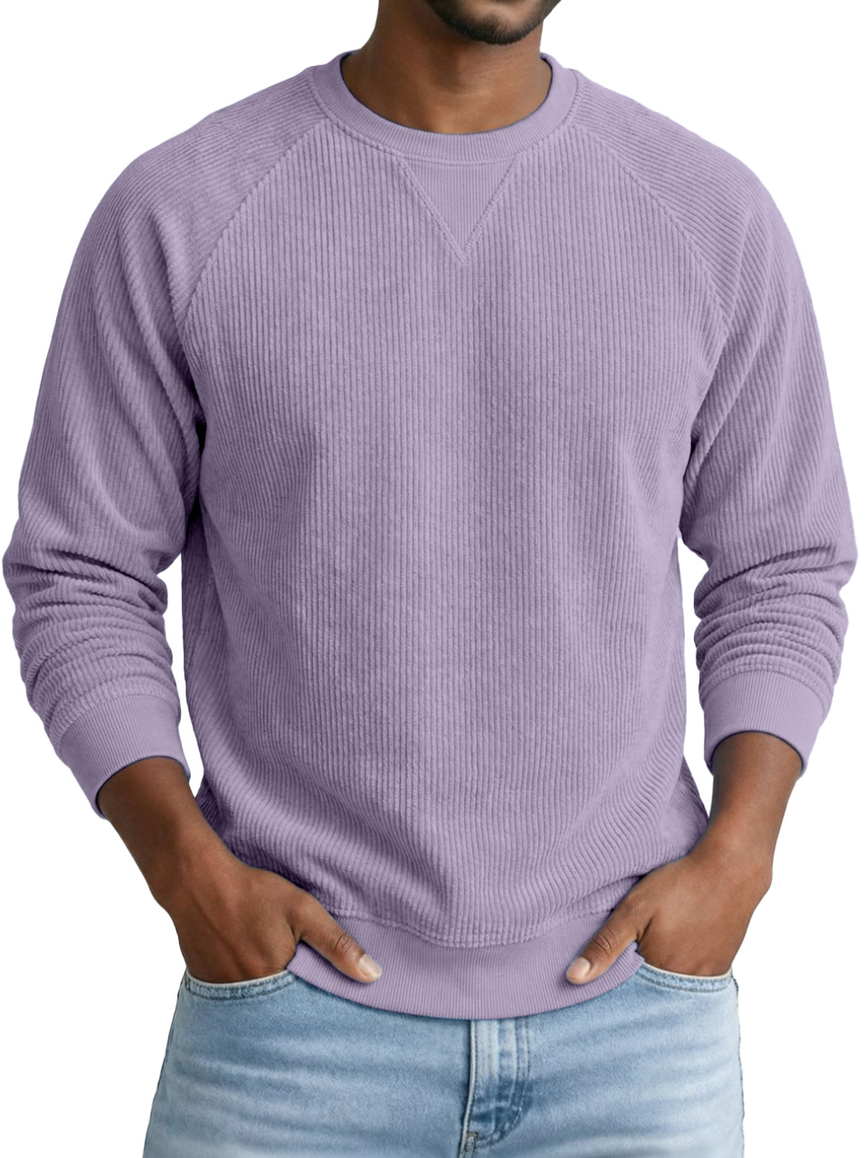 Basic Casual Corduroy Inverted Triangle Design Round Neck Raglan Long-sleeved Sweatshirt