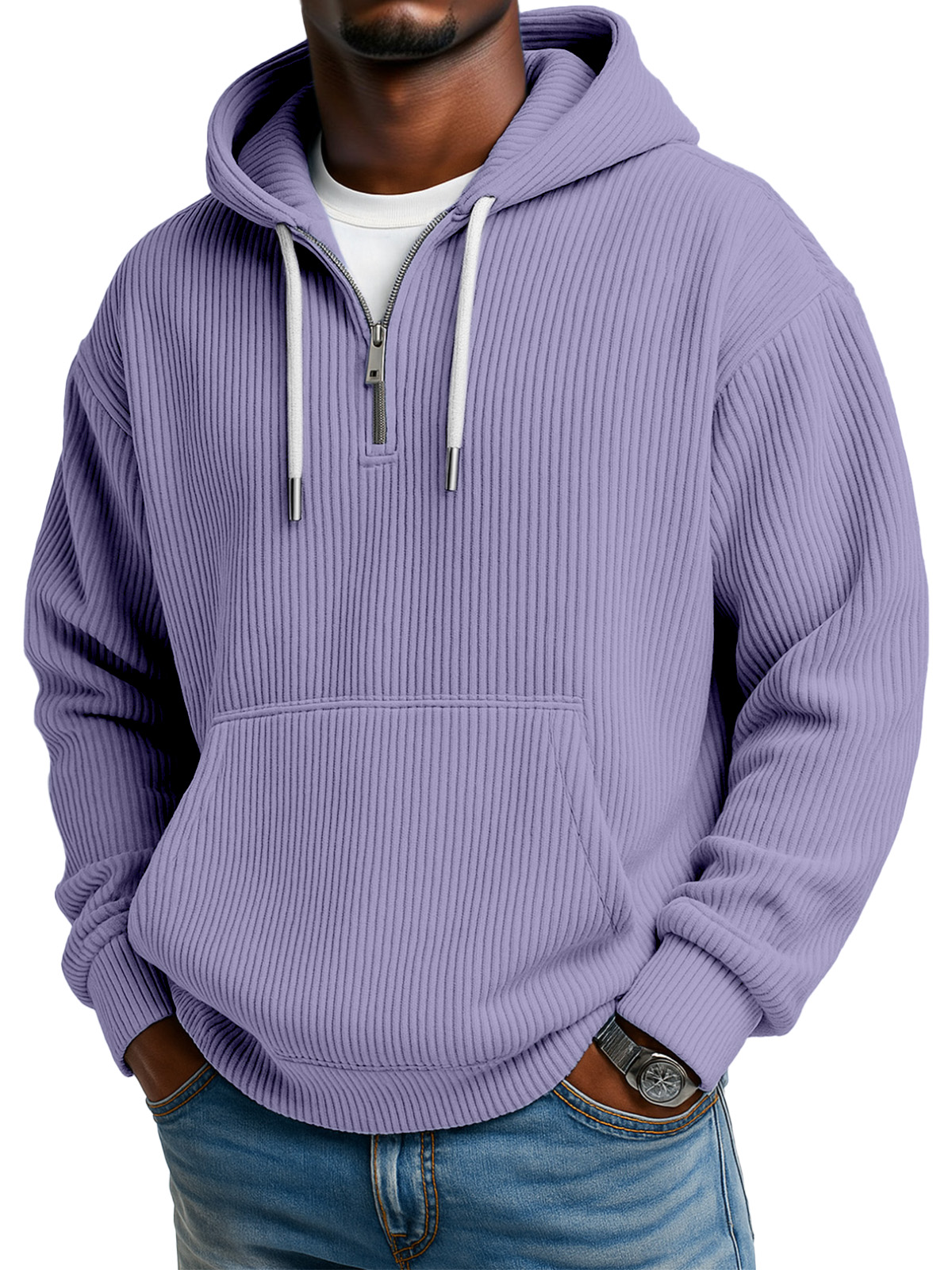 Men's Solid Color Pitted Textured Kangaroo Pocket Long-sleeved Hooded Sweatshirt