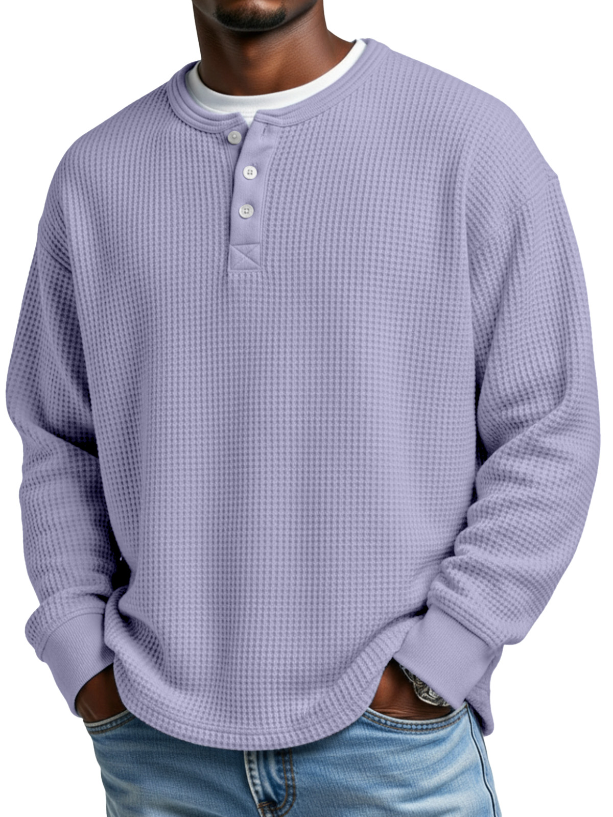 Men's Everyday Loose Simple Waffle Button Long Sleeve Henley Shirt