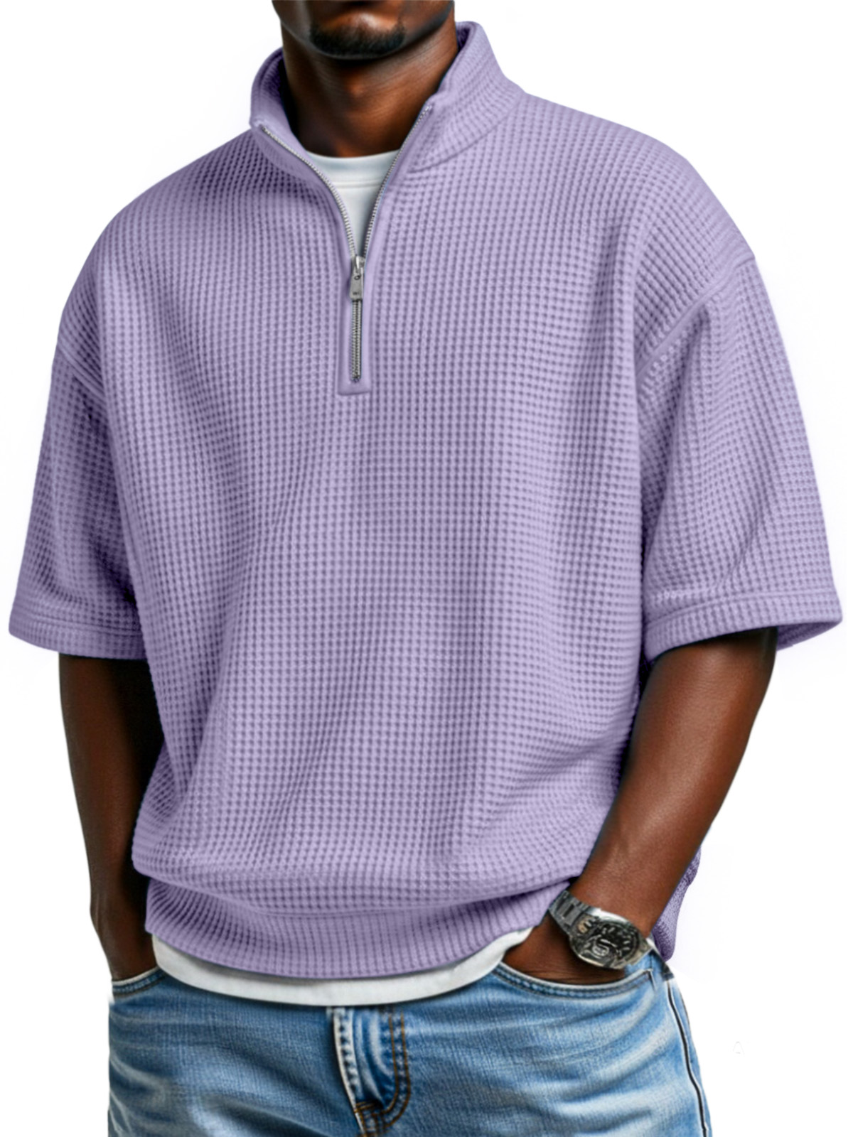 Men's simple basic waffle zipper stand collar short-sleeved POLO shirt
