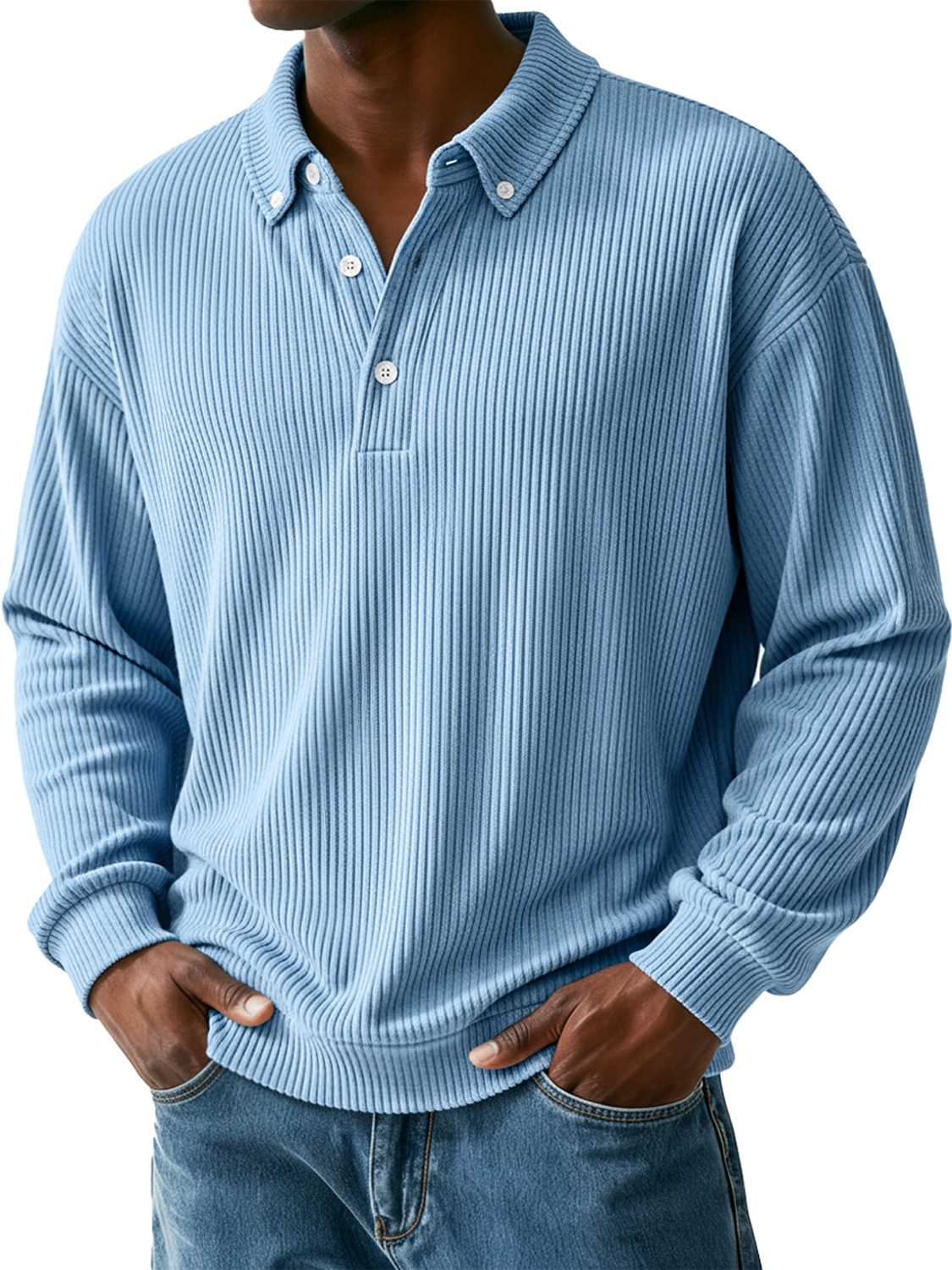 Men's Simple Ribbed Collar Button Casual Long-Sleeve Polo Shirt