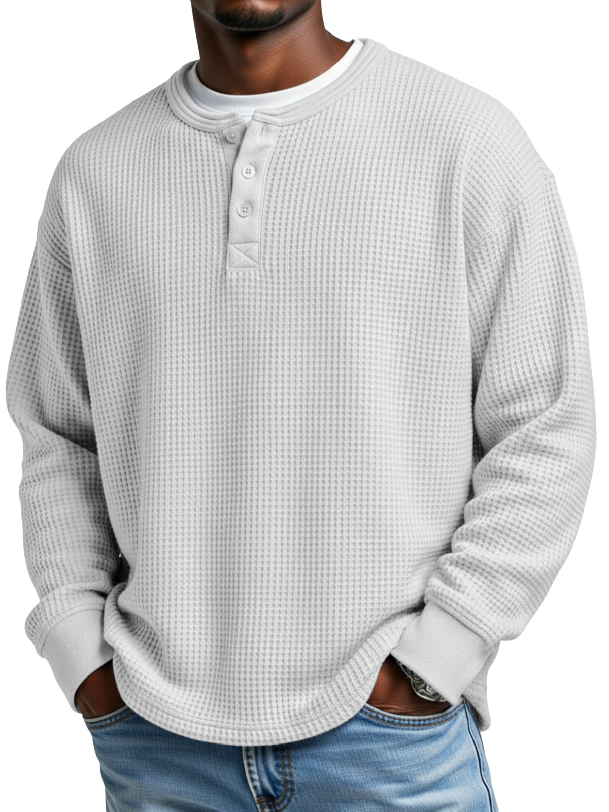 Men's Everyday Loose Simple Waffle Button Long Sleeve Henley Shirt