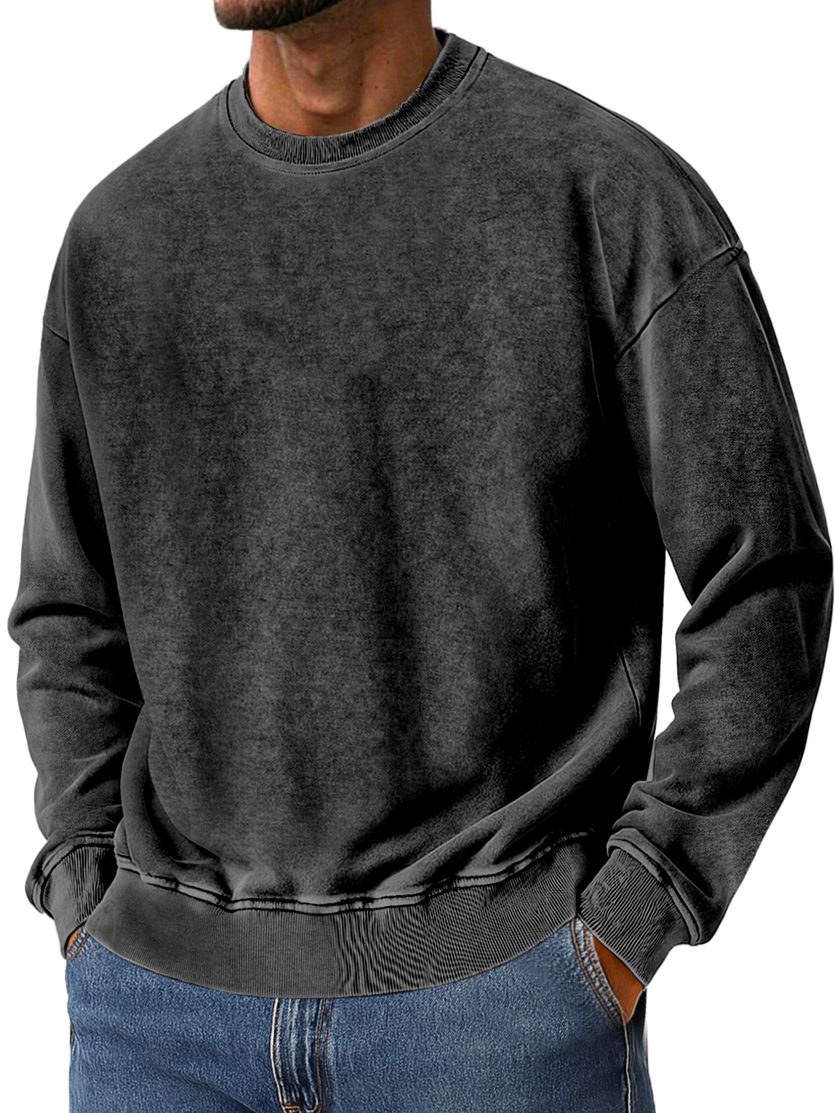 Men's Vintage Washed Cotton Round Neck Long-sleeved Sweatshirt
